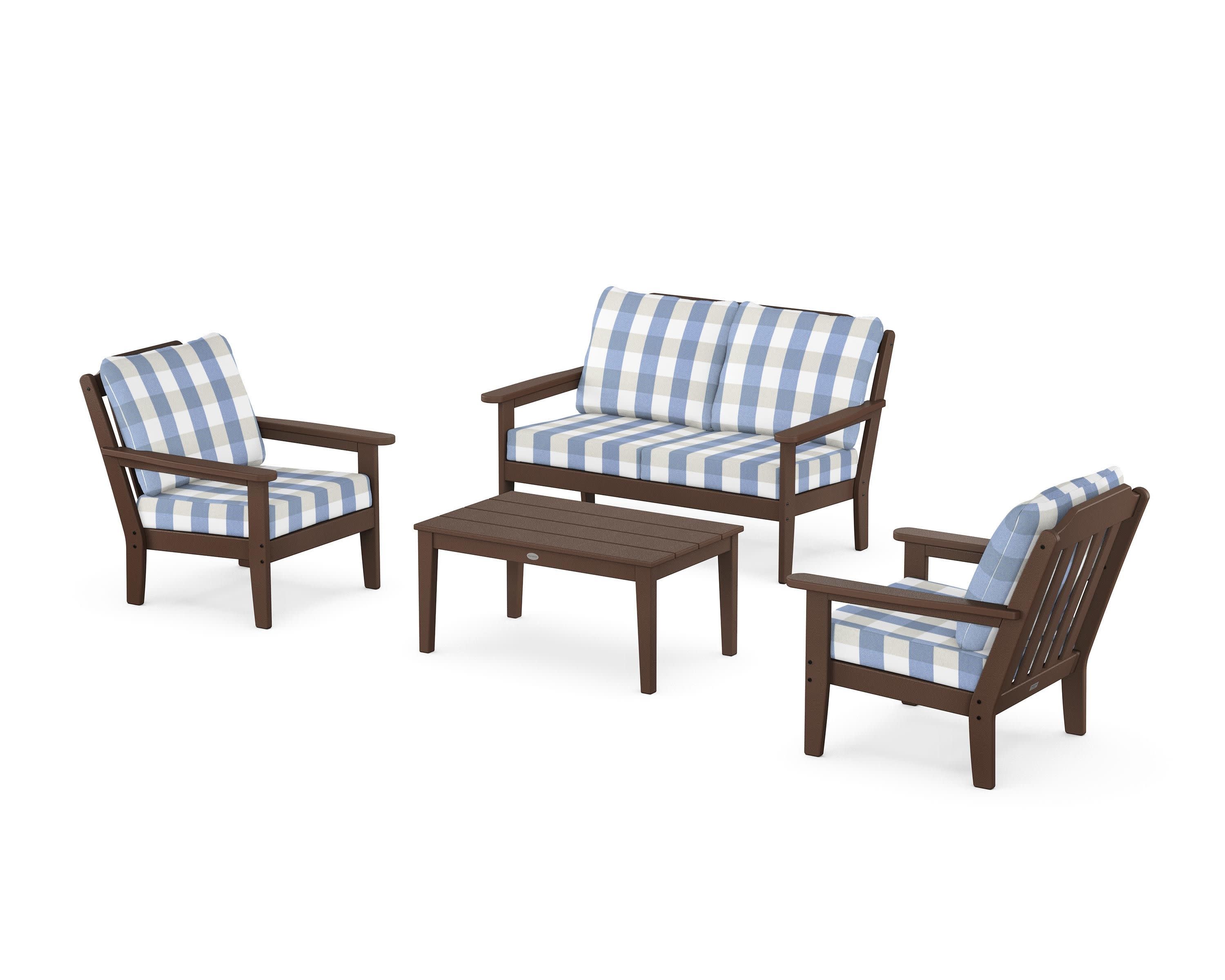 Cottage 4-Piece Deep Seating Set with Loveseat in Mahogany / Buffalo Plaid Sky Blue