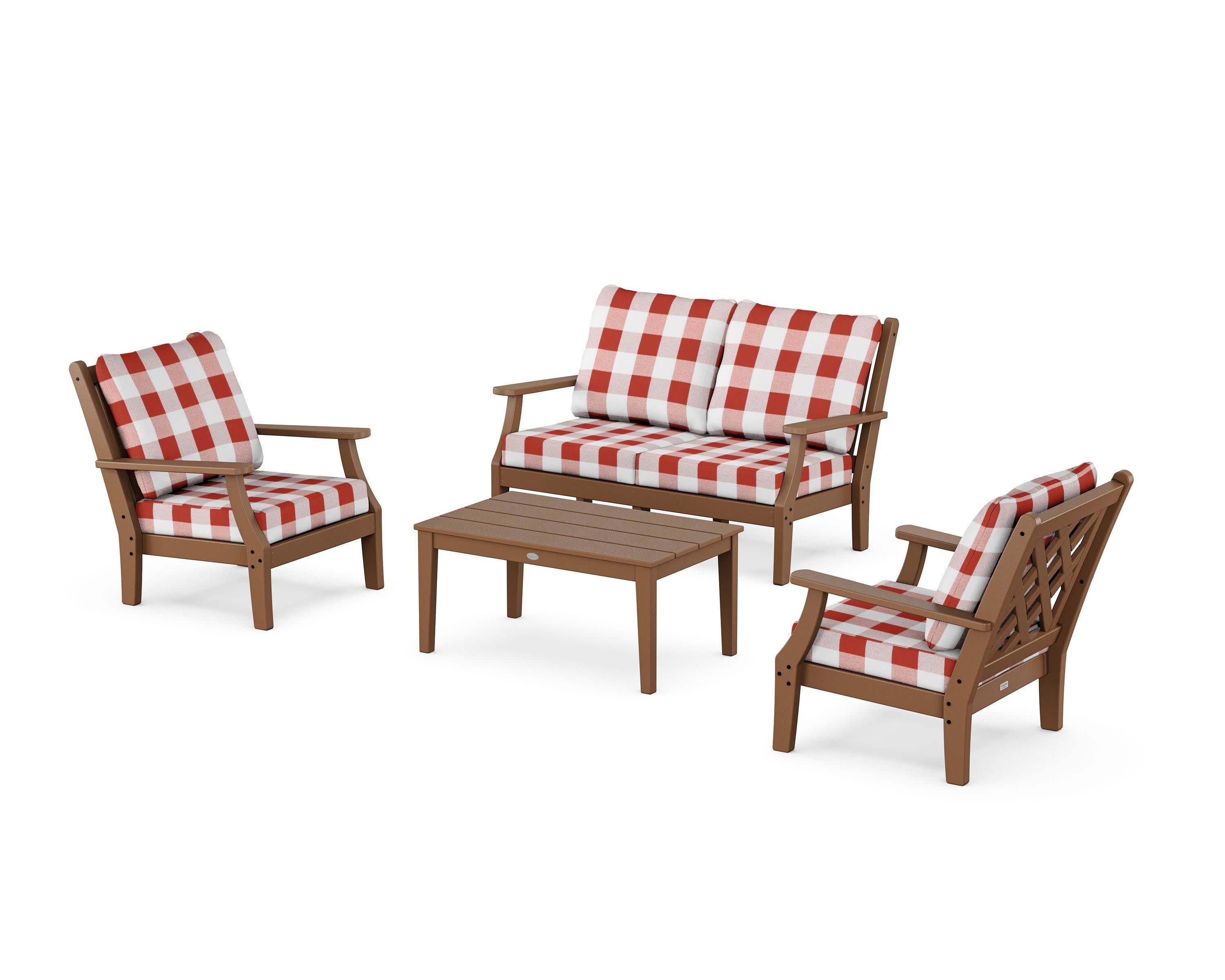 Wovendale 4-Piece Deep Seating Set with Loveseat in Teak / Buffalo Plaid Crimson