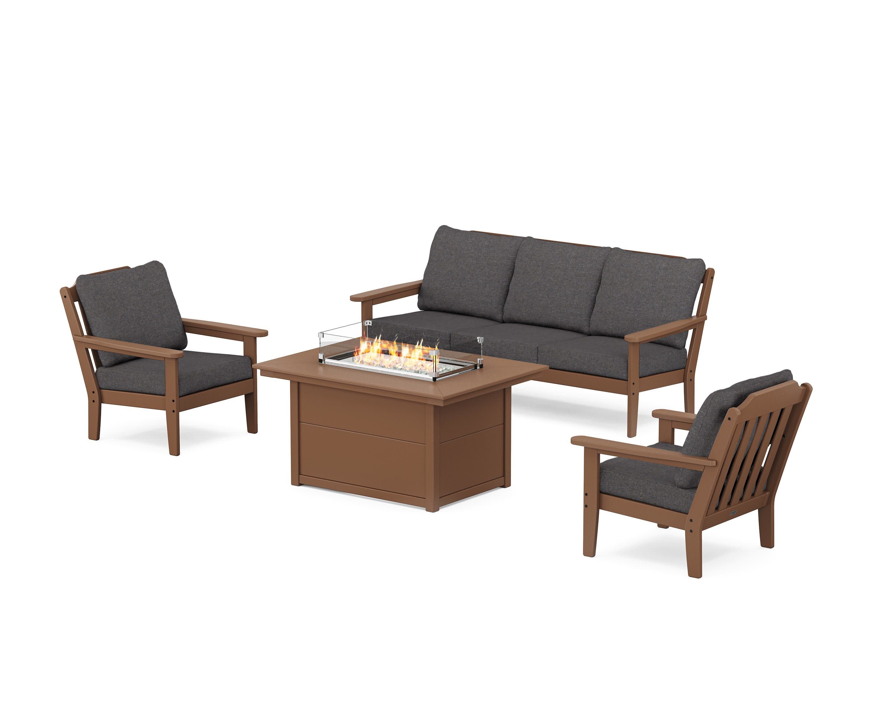 Cottage Deep Seating Fire Pit Table Set in Teak / Ash Charcoal