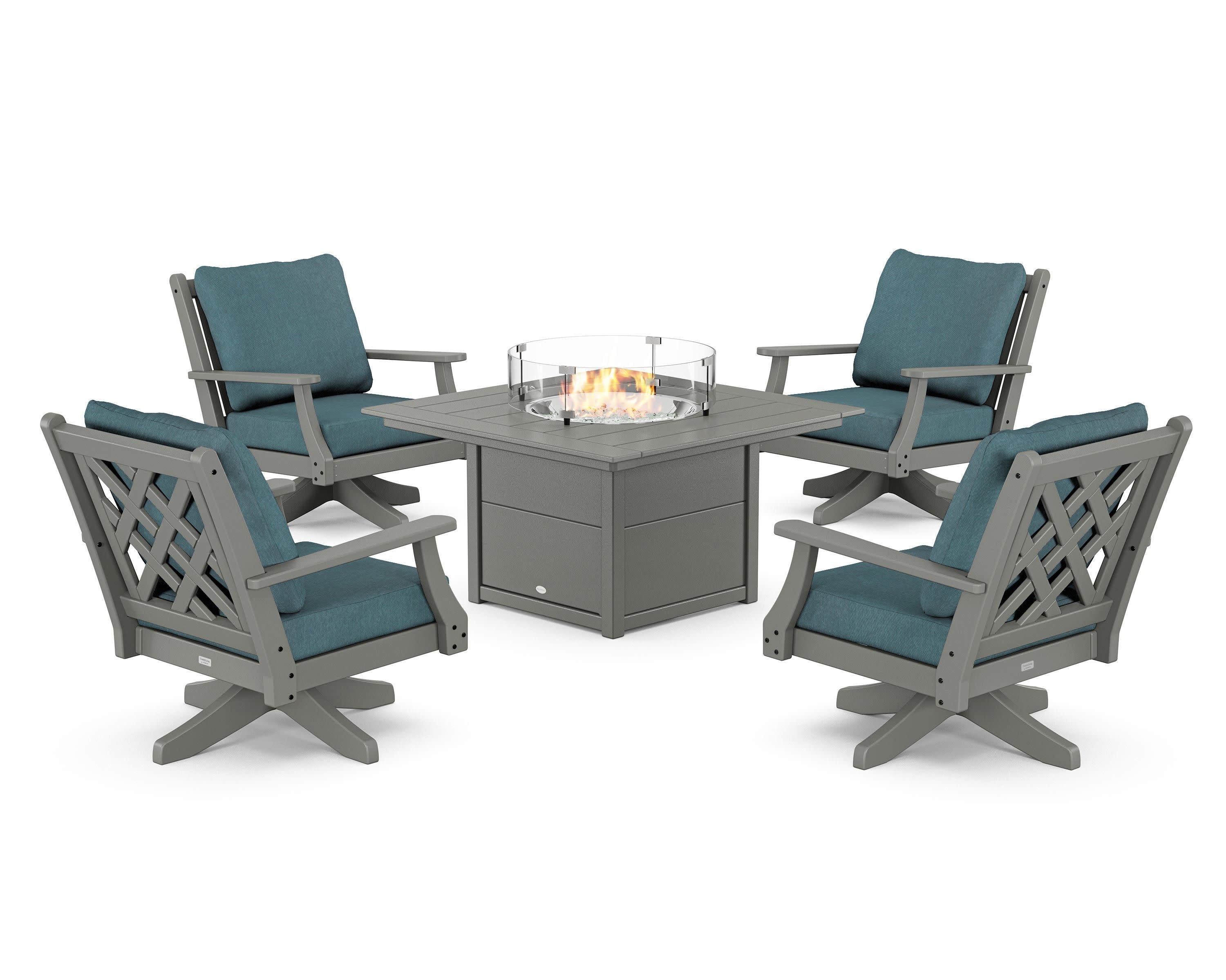 Wovendale 5-Piece Deep Seating Swivel Conversation Set with Fire Pit Table in Slate Grey / Ocean Teal