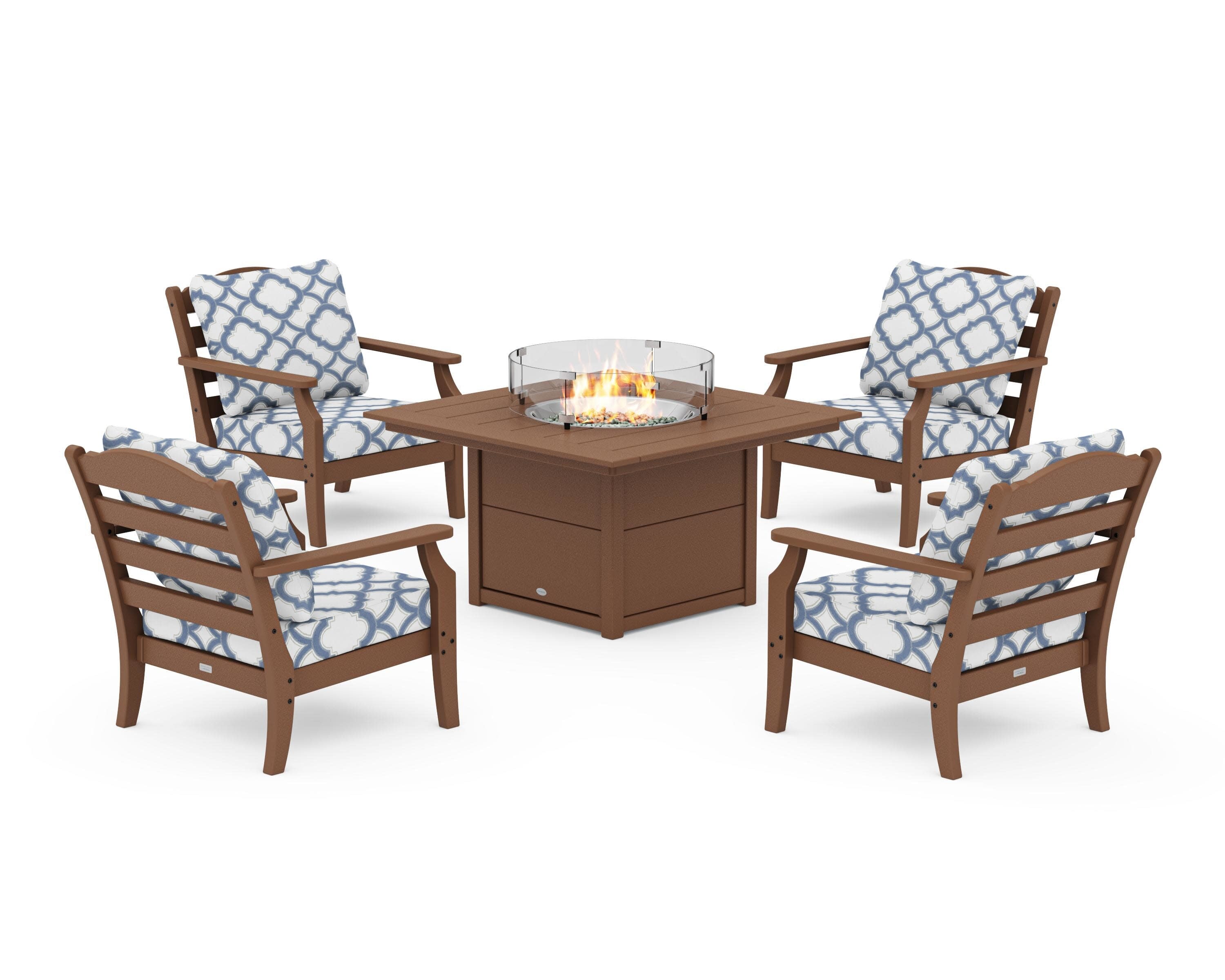 Savannah 5-Piece Deep Seating Set with Fire Pit Table in Teak / Trellis Sky Blue