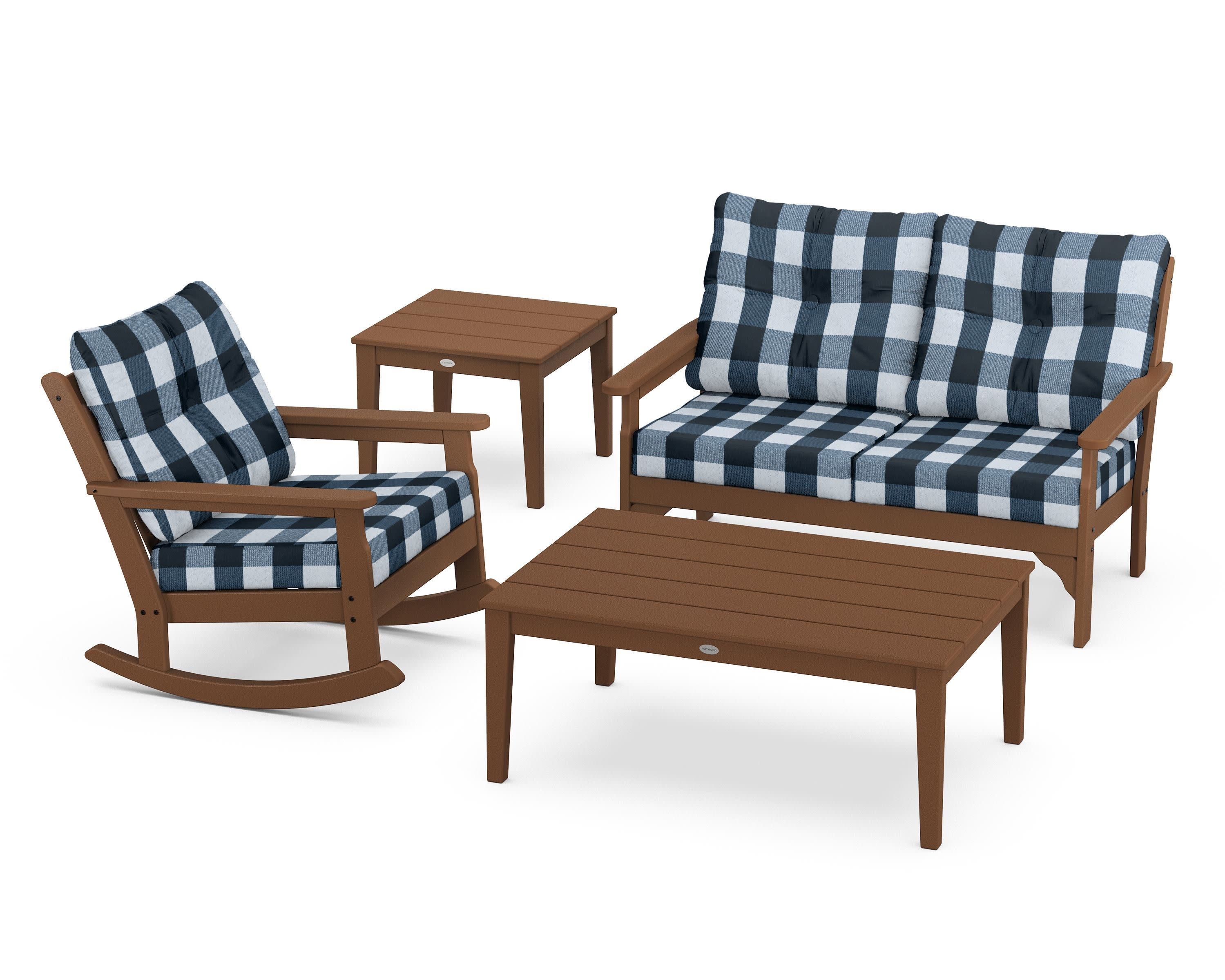 Vineyard 4-Piece Deep Seating Rocker Set in Teak / Buffalo Plaid Marine Indigo