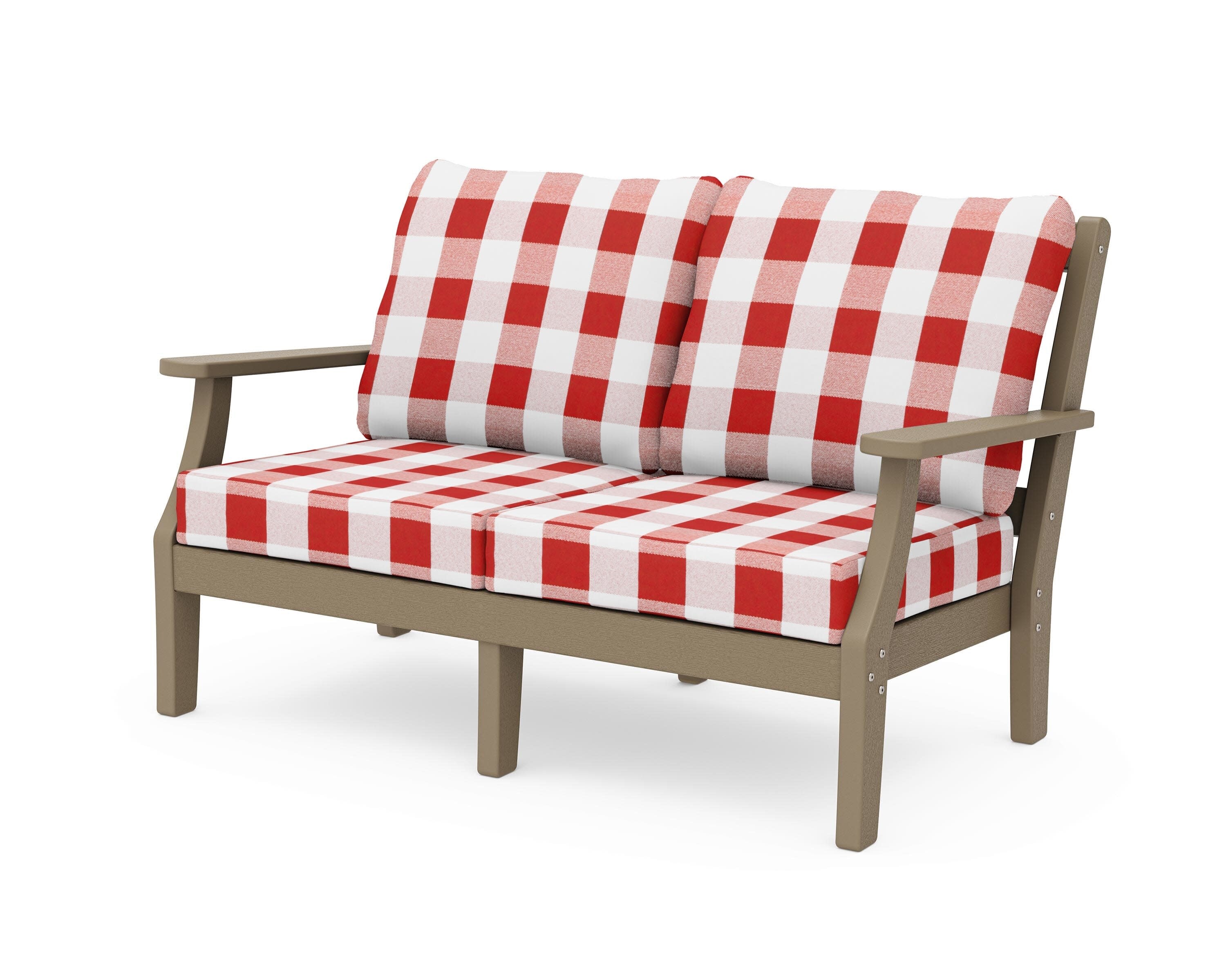 Chinoiserie Deep Seating Loveseat in Vintage Sahara / Buffalo Plaid Crimson