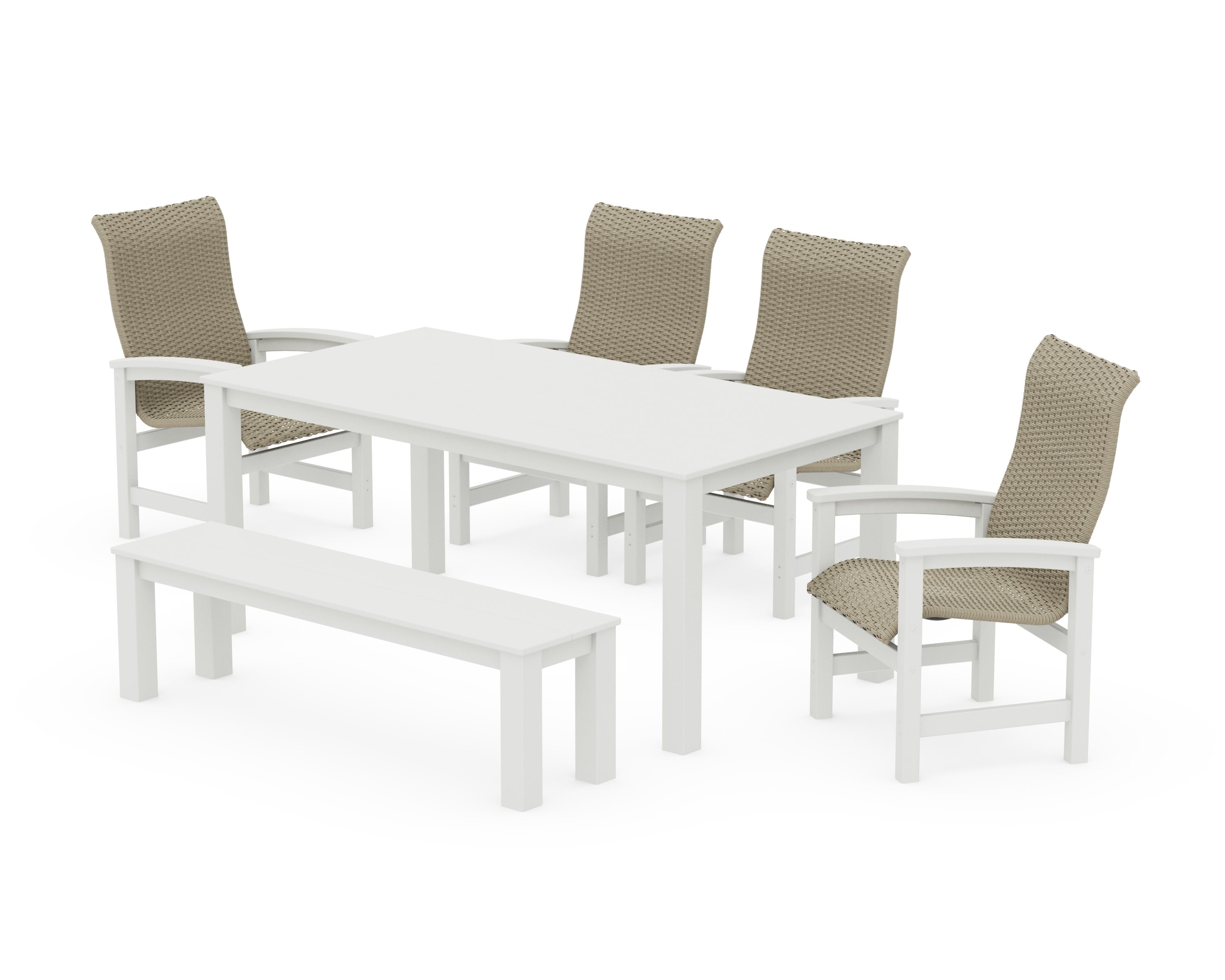 Coastal Woven High-Back 6-Piece Parsons Dining Set with Bench in White / Dune Grass