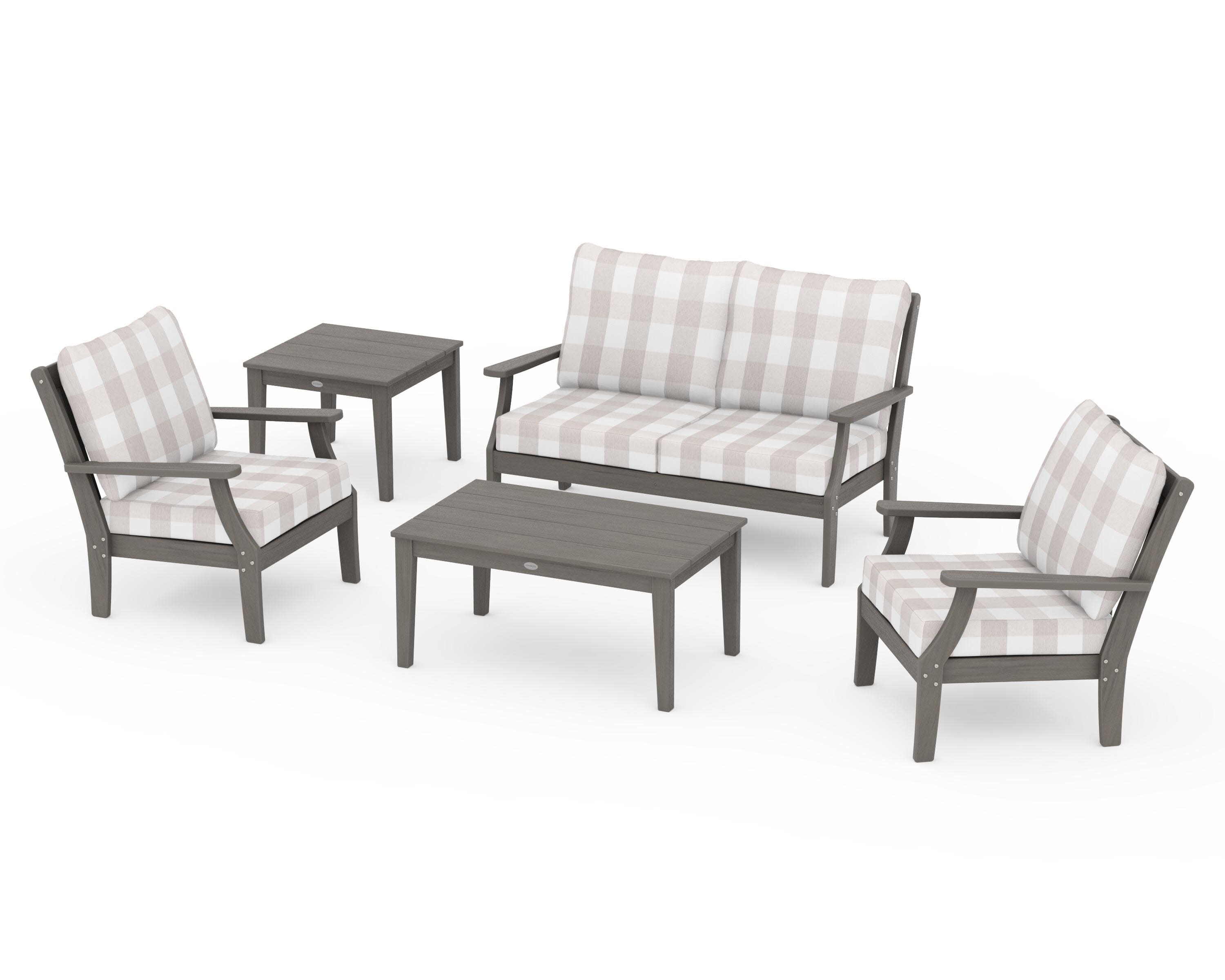 Braxton 5-Piece Deep Seating Set in Driftwood / Buffalo Plaid Dune Burlap