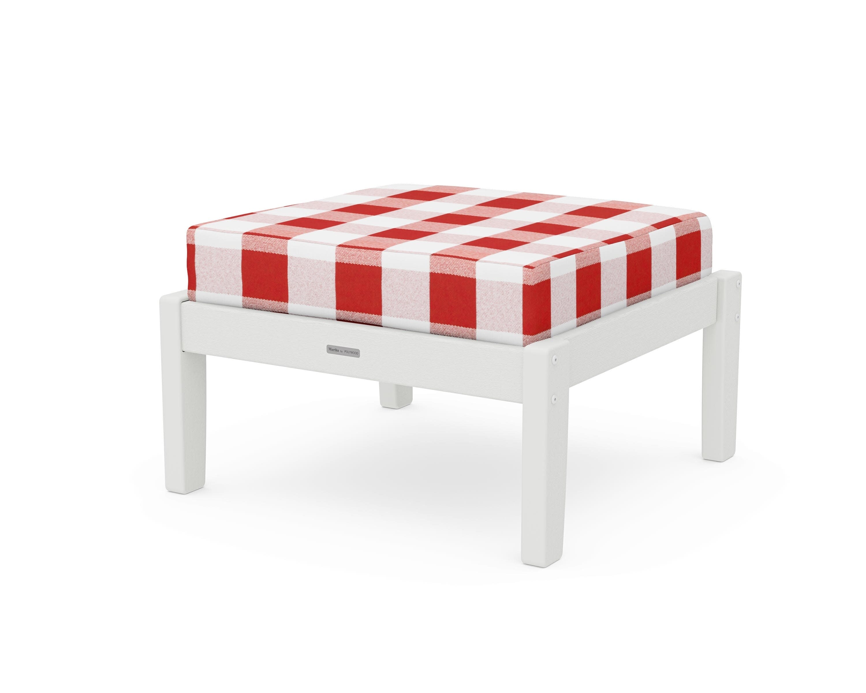 Chinoiserie Deep Seating Ottoman in Vintage White / Buffalo Plaid Crimson
