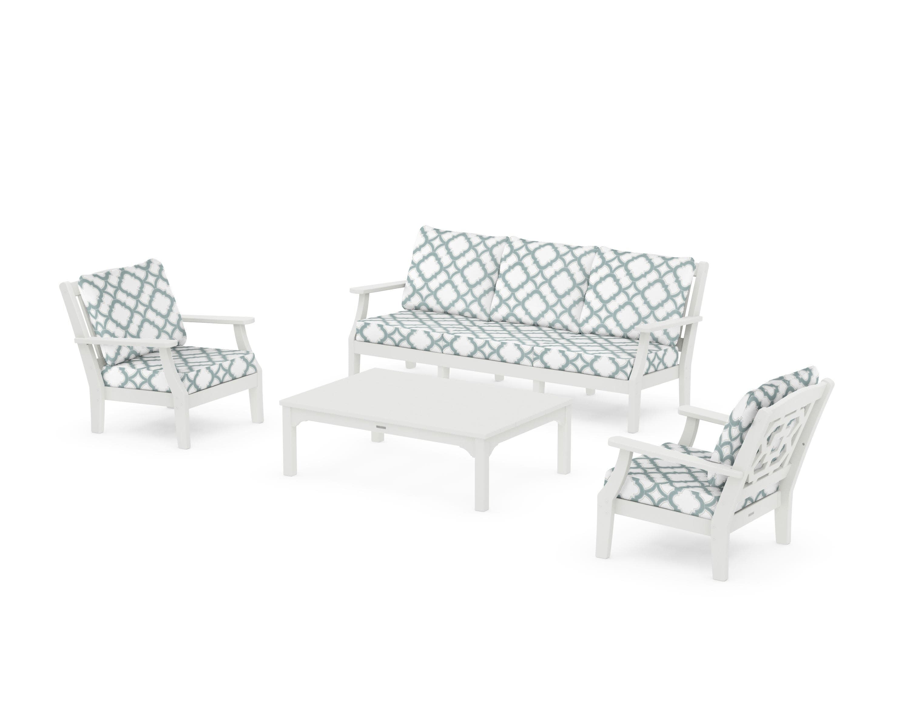 Chinoiserie 4-Piece Deep Seating Set with Sofa in Vintage White / Trellis Glacier Spa