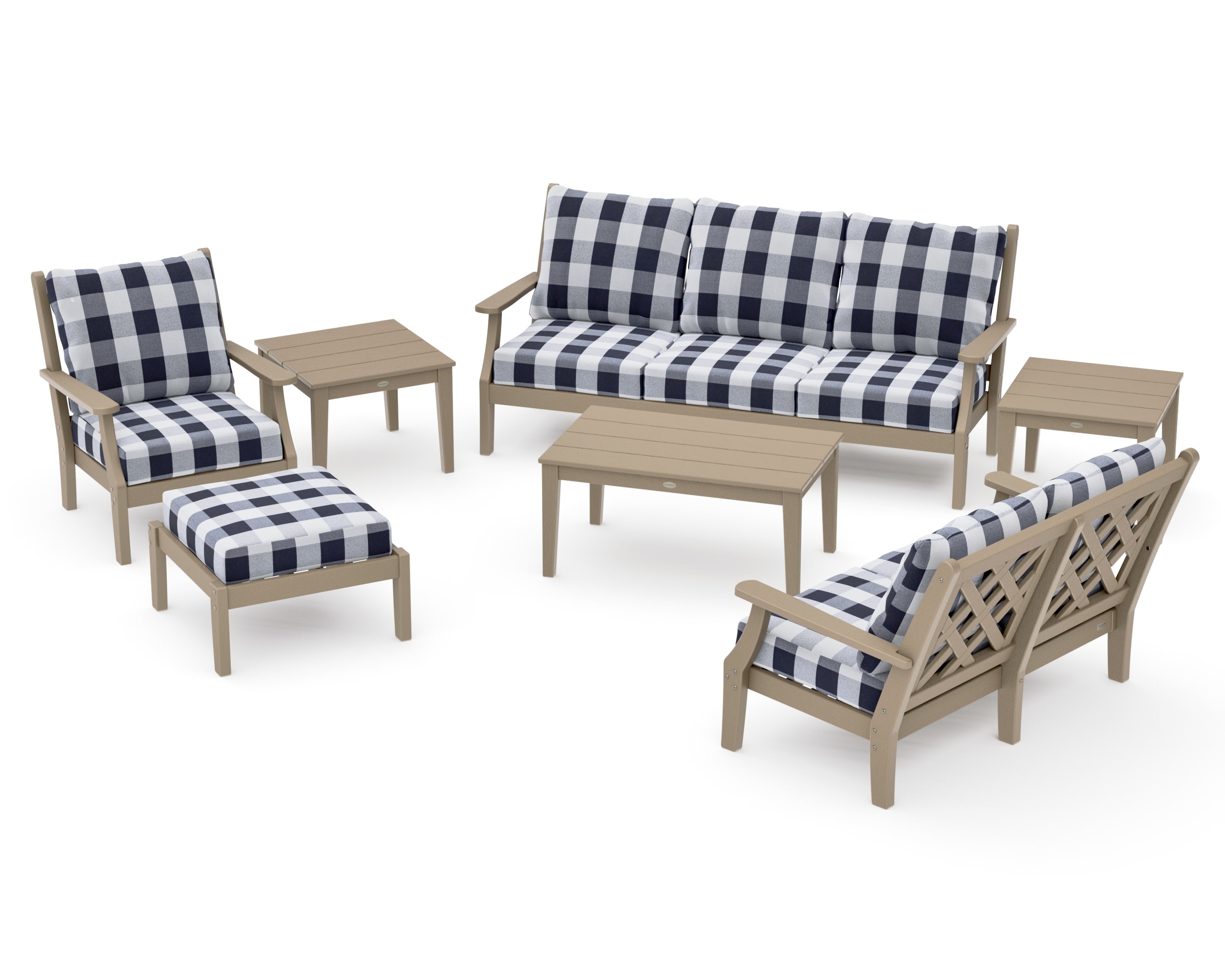 Wovendale 7-Piece Deep Seating Set in Vintage Sahara / Buffalo Plaid Navy