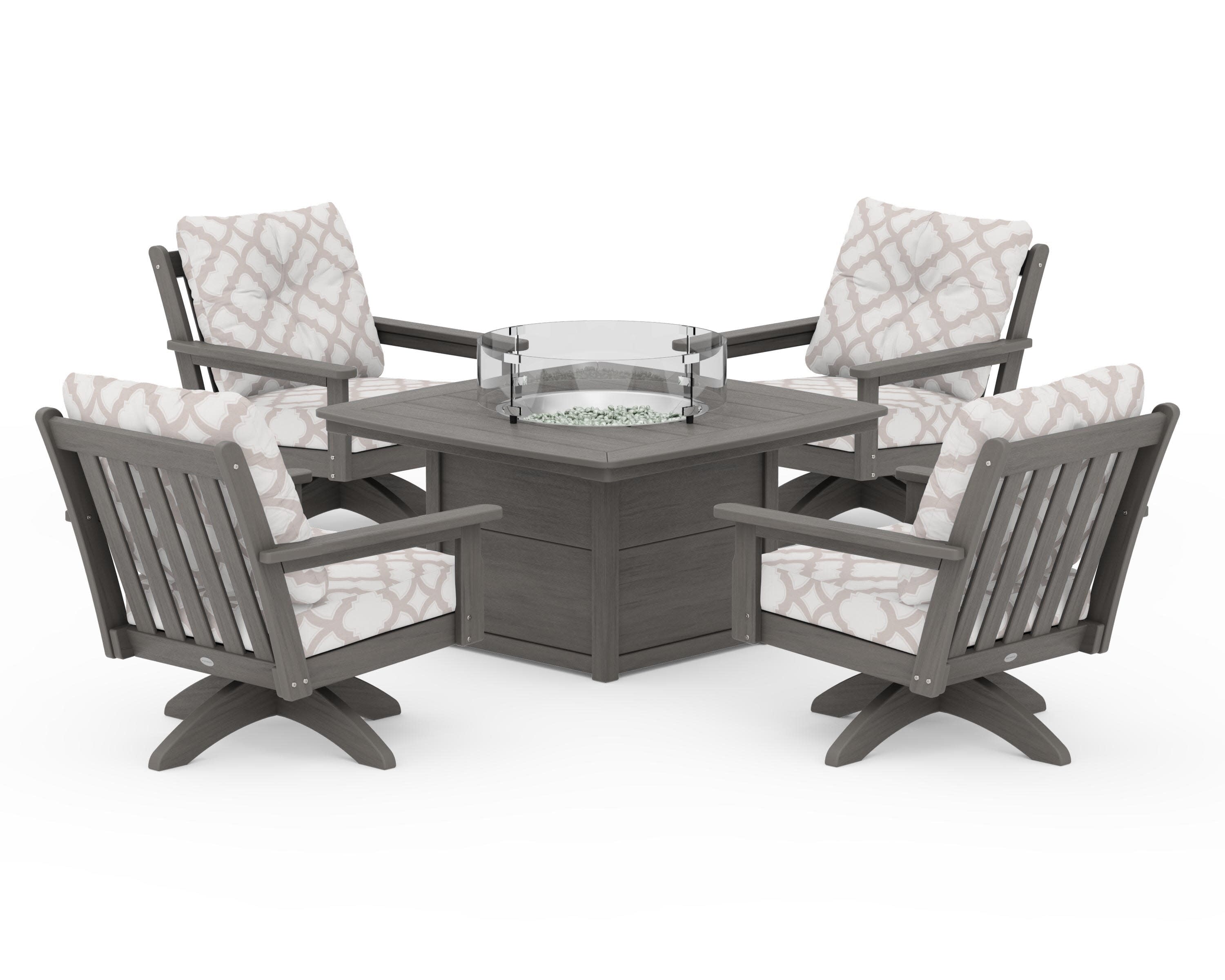 Vineyard 5-Piece Deep Seating Swivel Conversation Set with Fire Pit Table in Driftwood / Trellis Dune Burlap