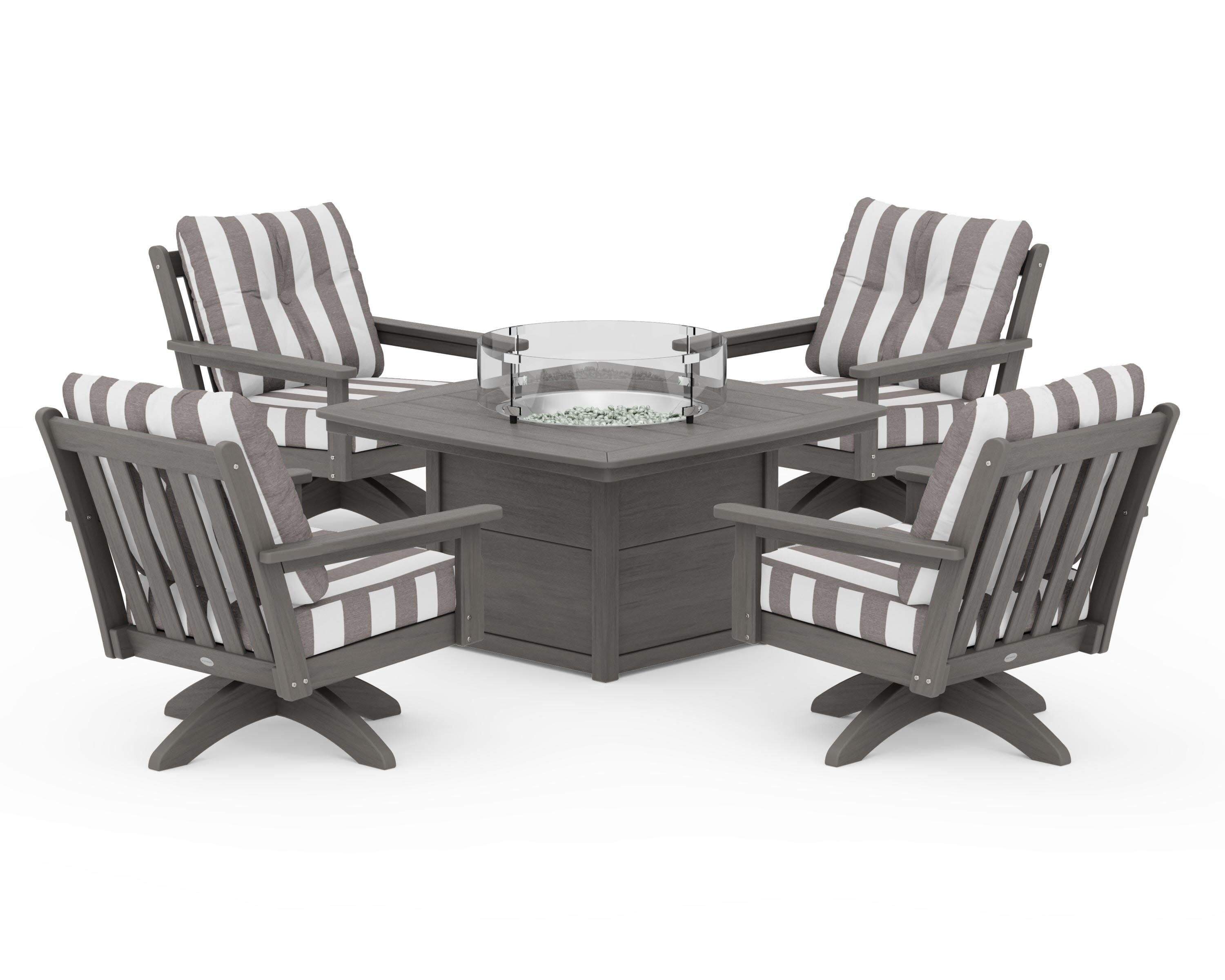 Vineyard 5-Piece Deep Seating Swivel Conversation Set with Fire Pit Table in Driftwood / Cabana Stripe Grey Mist