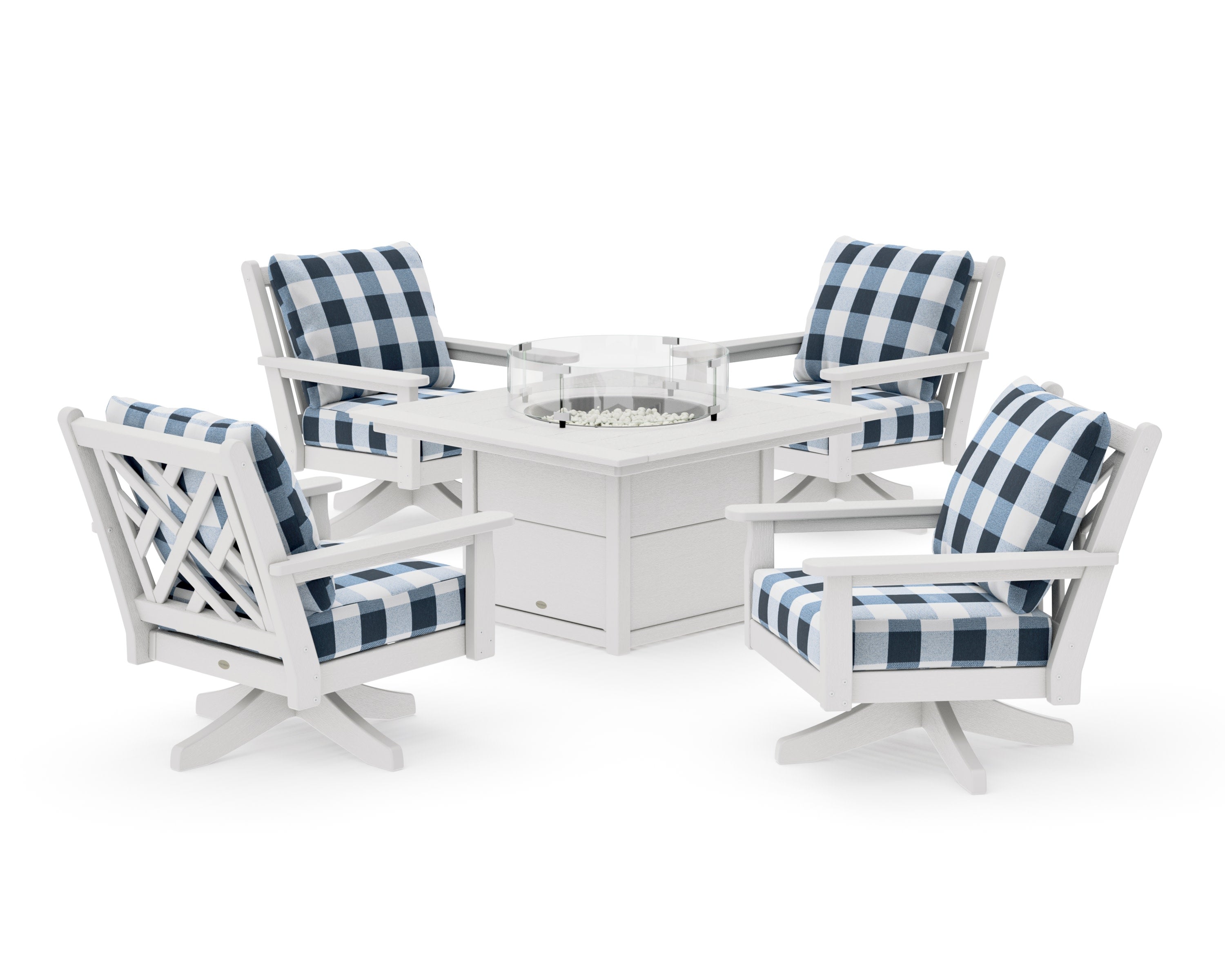 Chippendale 5-Piece Deep Seating Swivel Conversation Set with Fire Pit Table in Vintage White / Buffalo Plaid Marine Indigo