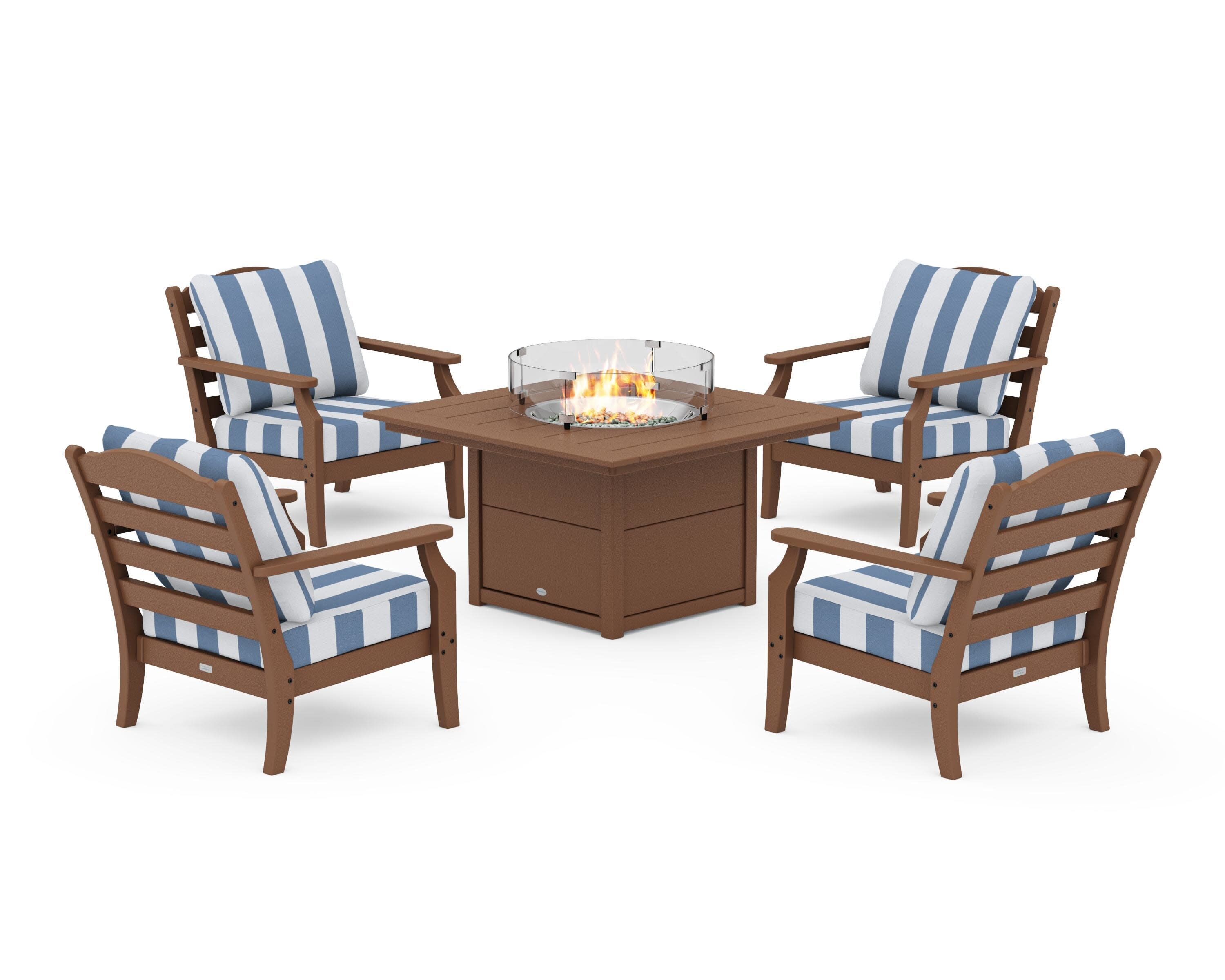 Savannah 5-Piece Deep Seating Set with Fire Pit Table in Teak / Cabana Stripe Sky Blue