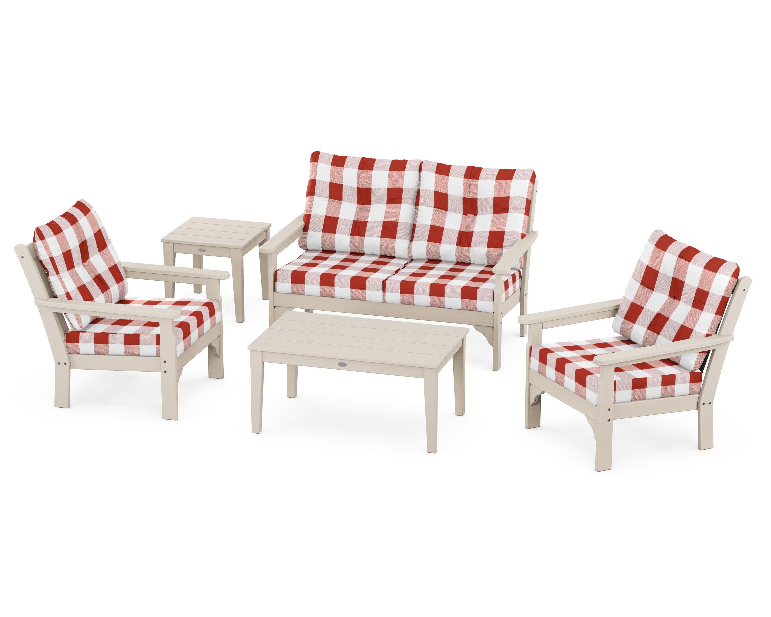 Vineyard 5-Piece Deep Seating Set in Sand / Buffalo Plaid Crimson