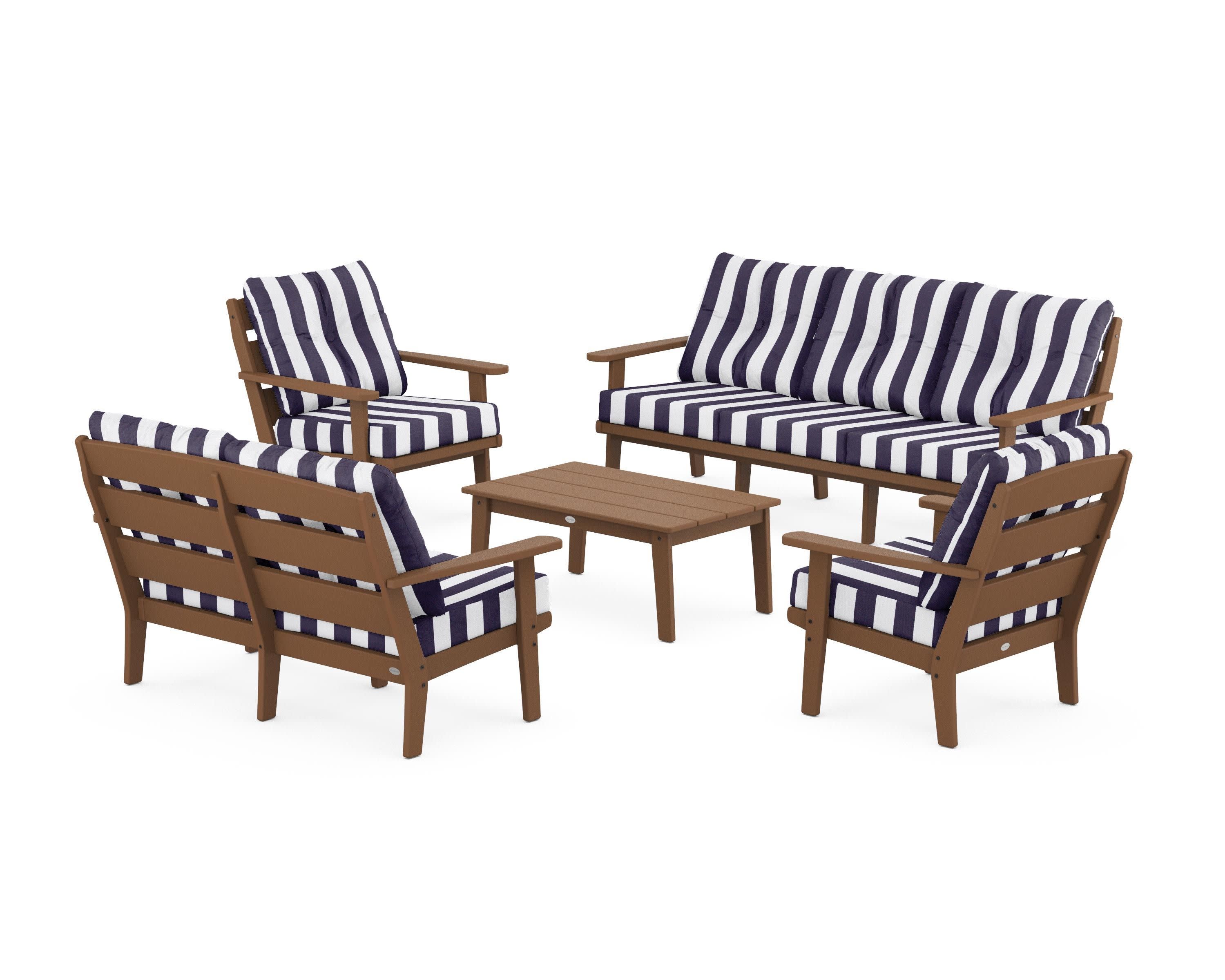 Lakeside 5-Piece Lounge Sofa Set in Teak / Cabana Stripe Navy