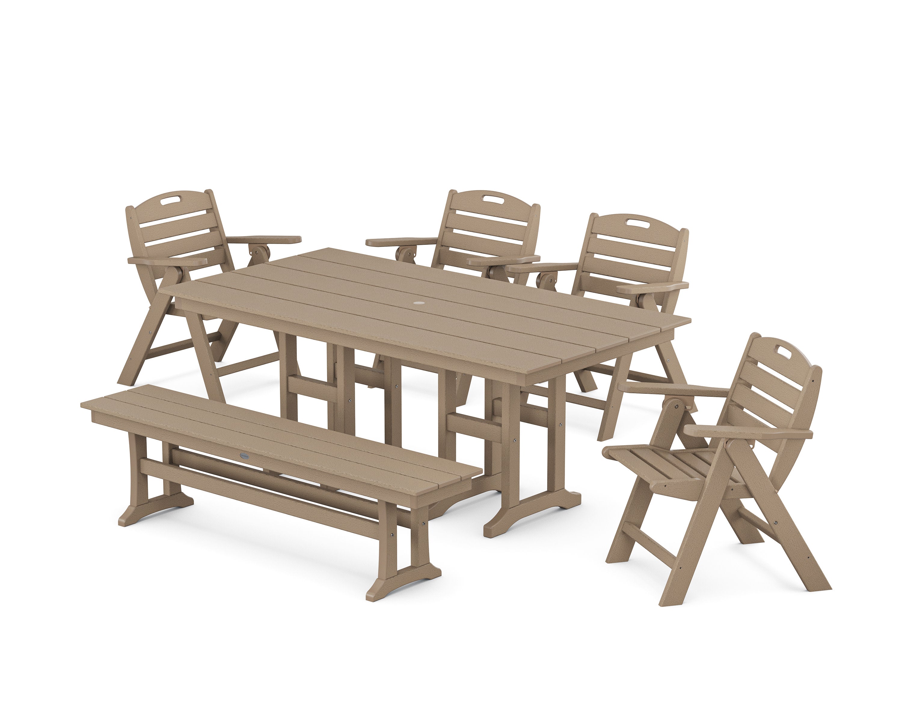 Nautical Lowback 6-Piece Farmhouse Dining Set with Bench in Vintage Sahara