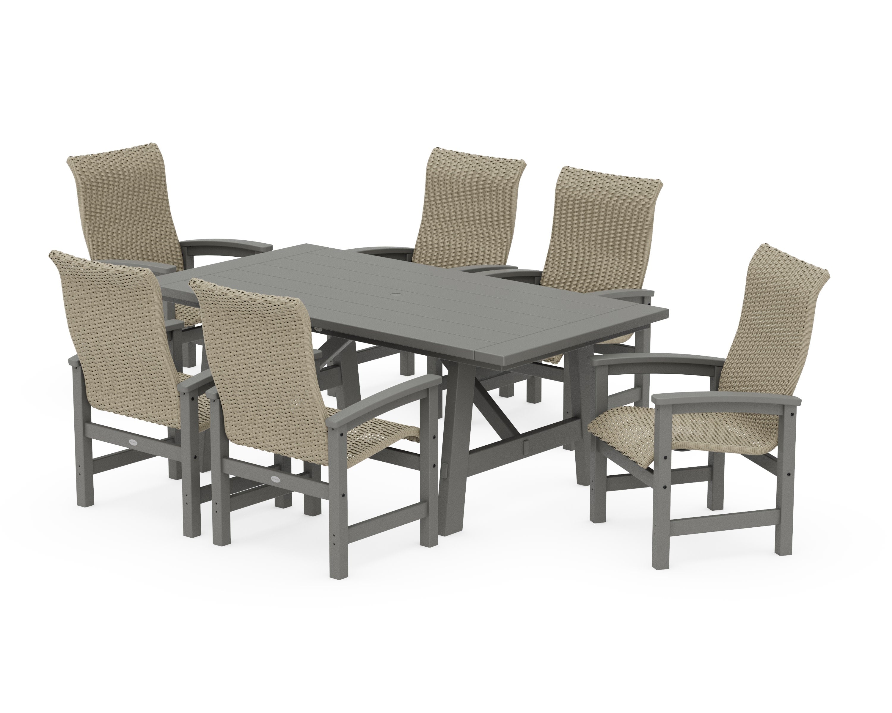 Coastal Woven High-Back Arm Chair 7-Piece Rustic Farmhouse Dining Set