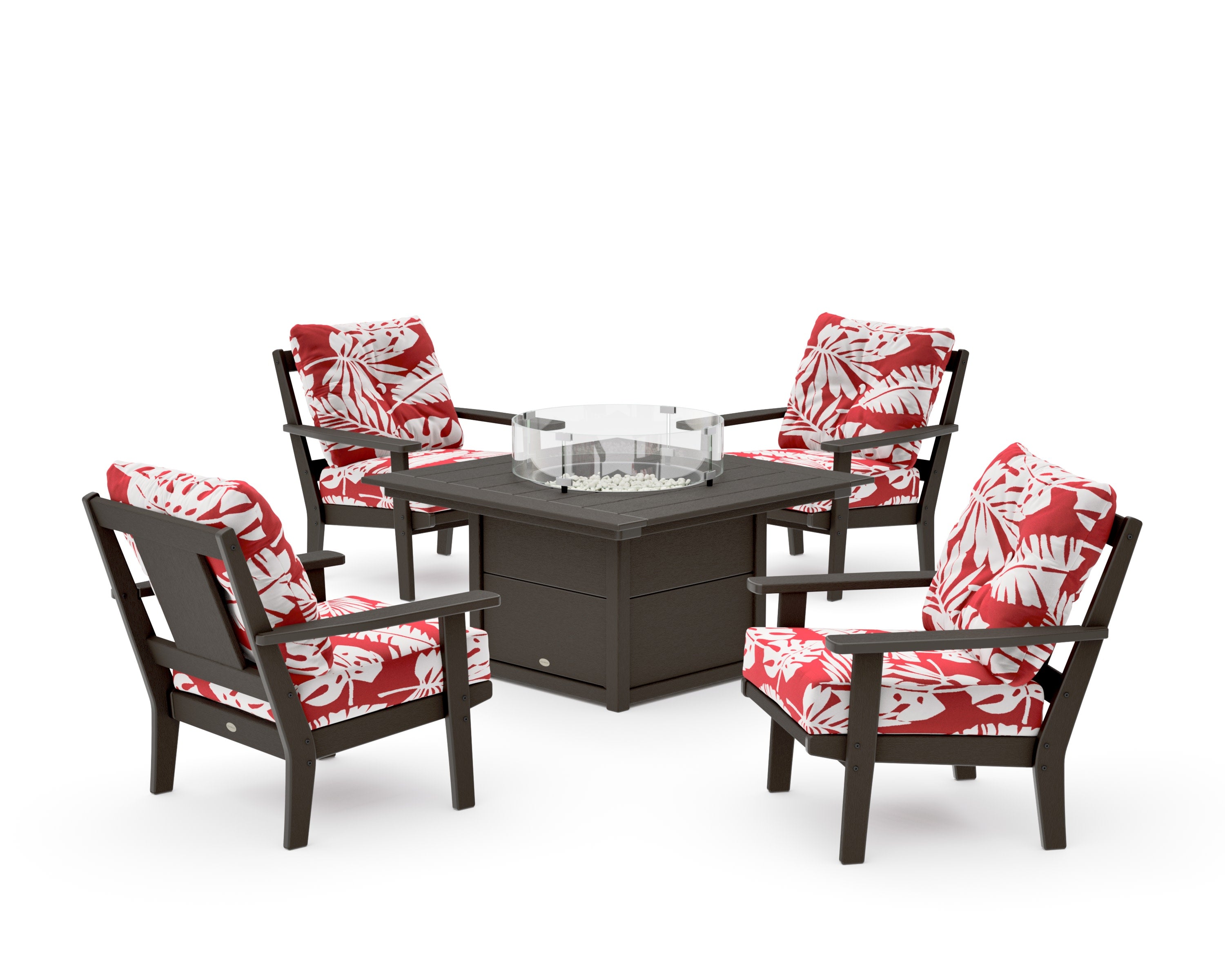 Prairie 5-Piece Deep Seating Set with Fire Pit Table in Vintage Coffee / Leaf Crimson
