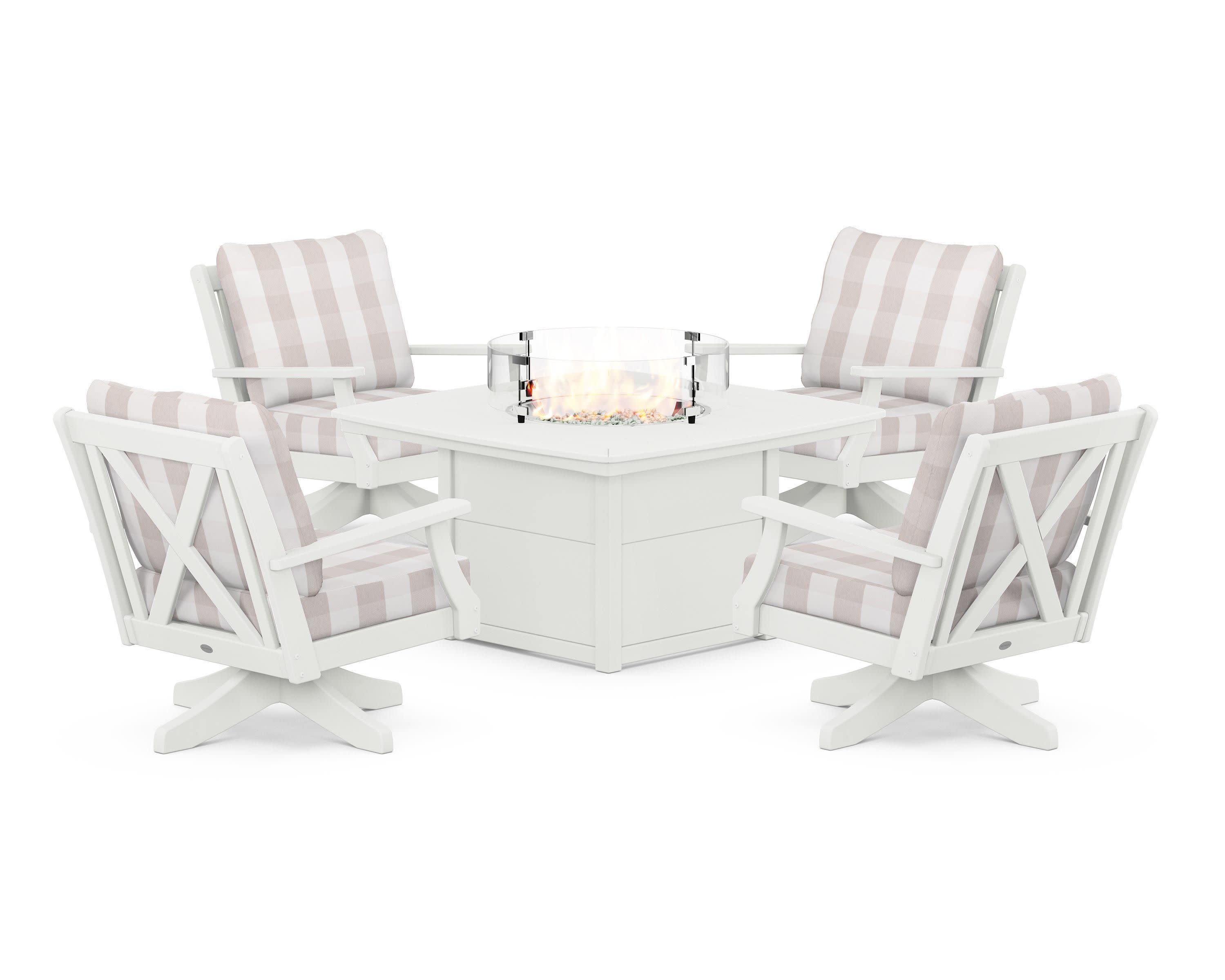 Braxton 5-Piece Deep Seating Swivel Conversation Set with Fire Pit Table in Vintage White / Buffalo Plaid Dune Burlap