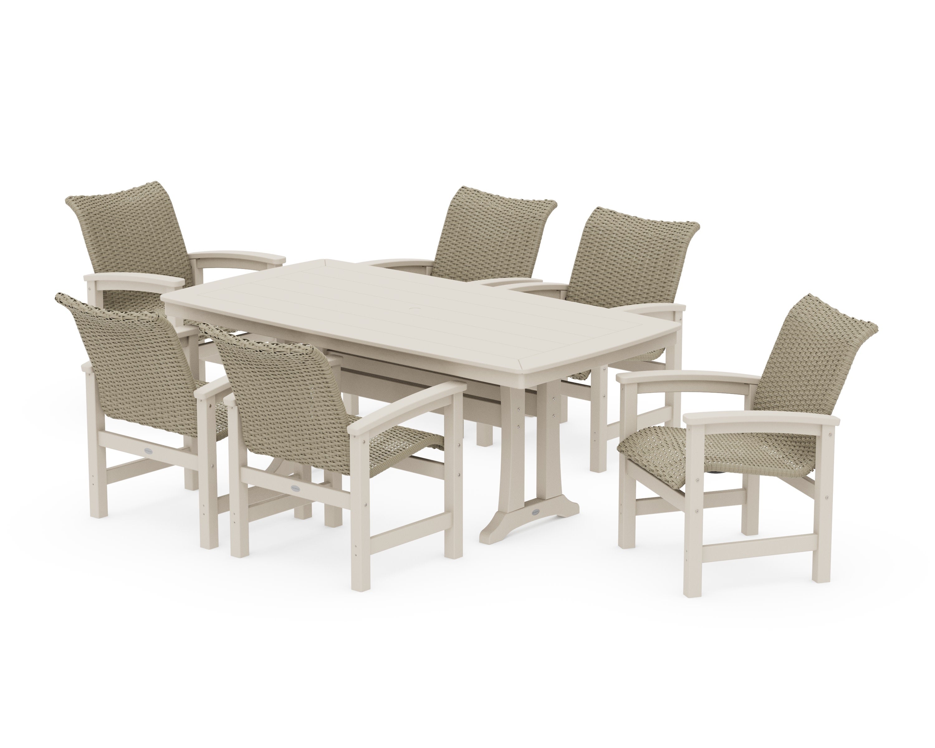 Coastal Woven Arm Chair 7-Piece Dining Set with Trestle Legs in Sand / Dune Grass