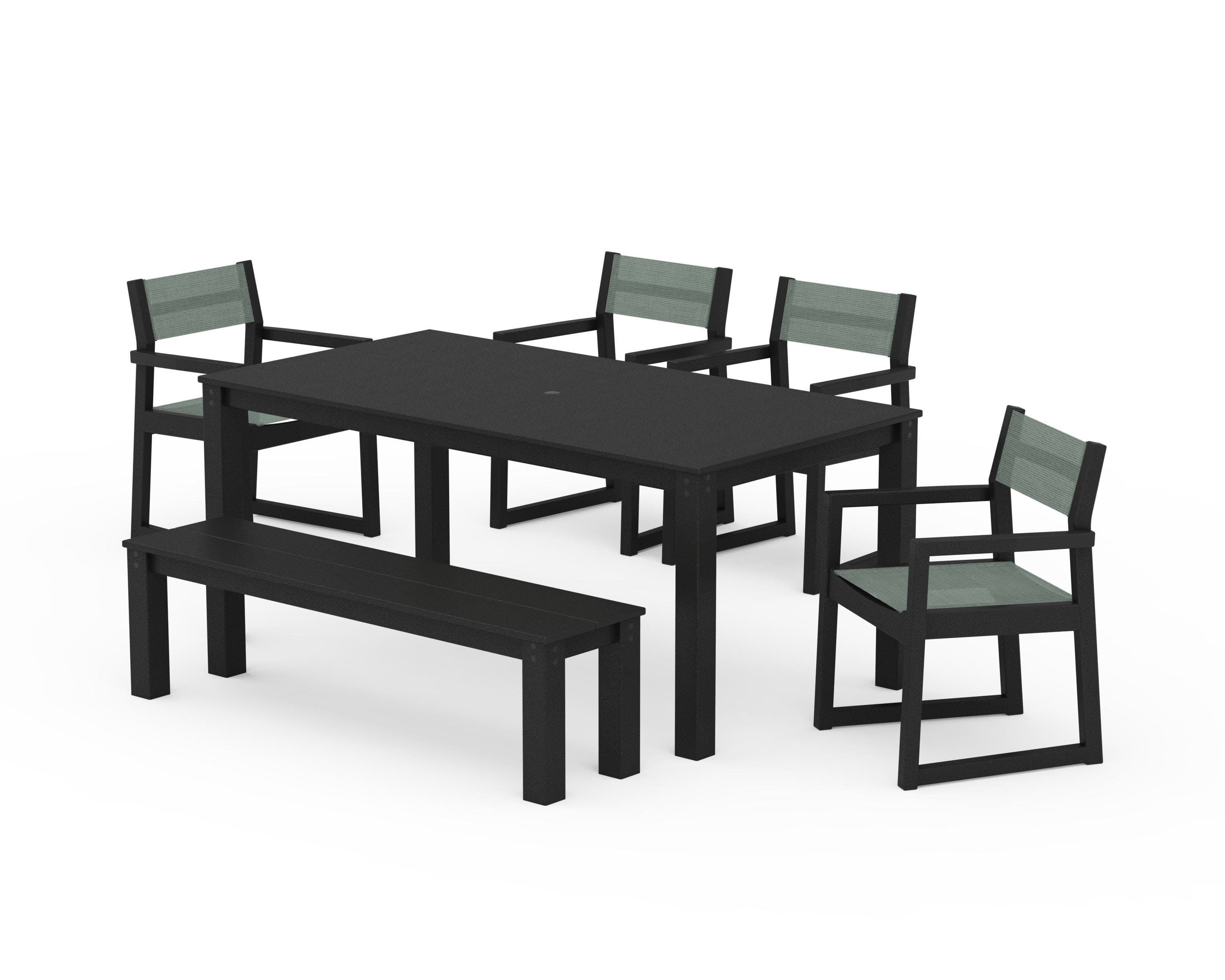 EDGE Sling Arm Chair 6-Piece Parsons Dining Set with Bench in Black / Dupioni Sea Mist Sling