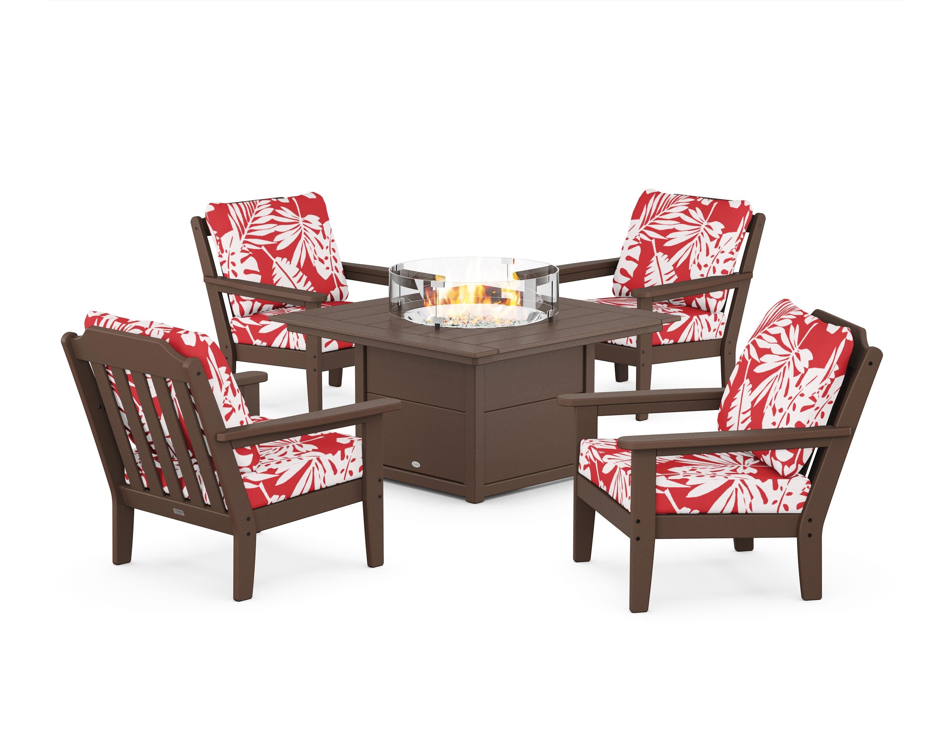 Cottage 5-Piece Deep Seating Set with Fire Pit Table in Mahogany / Leaf Crimson