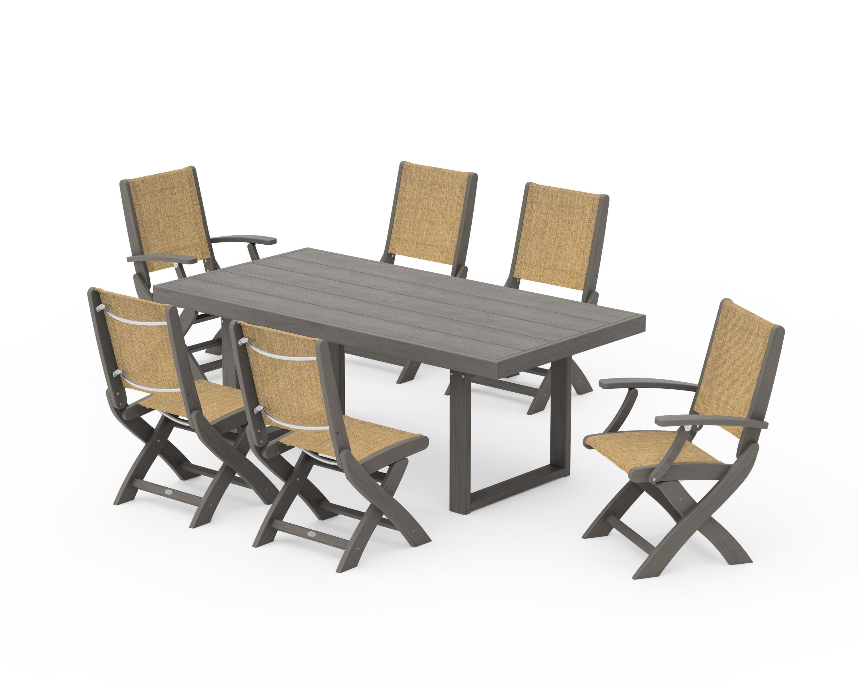 Coastal Folding Chair 7-Piece Dining Set with Trestle Legs in Driftwood / Burlap Sling