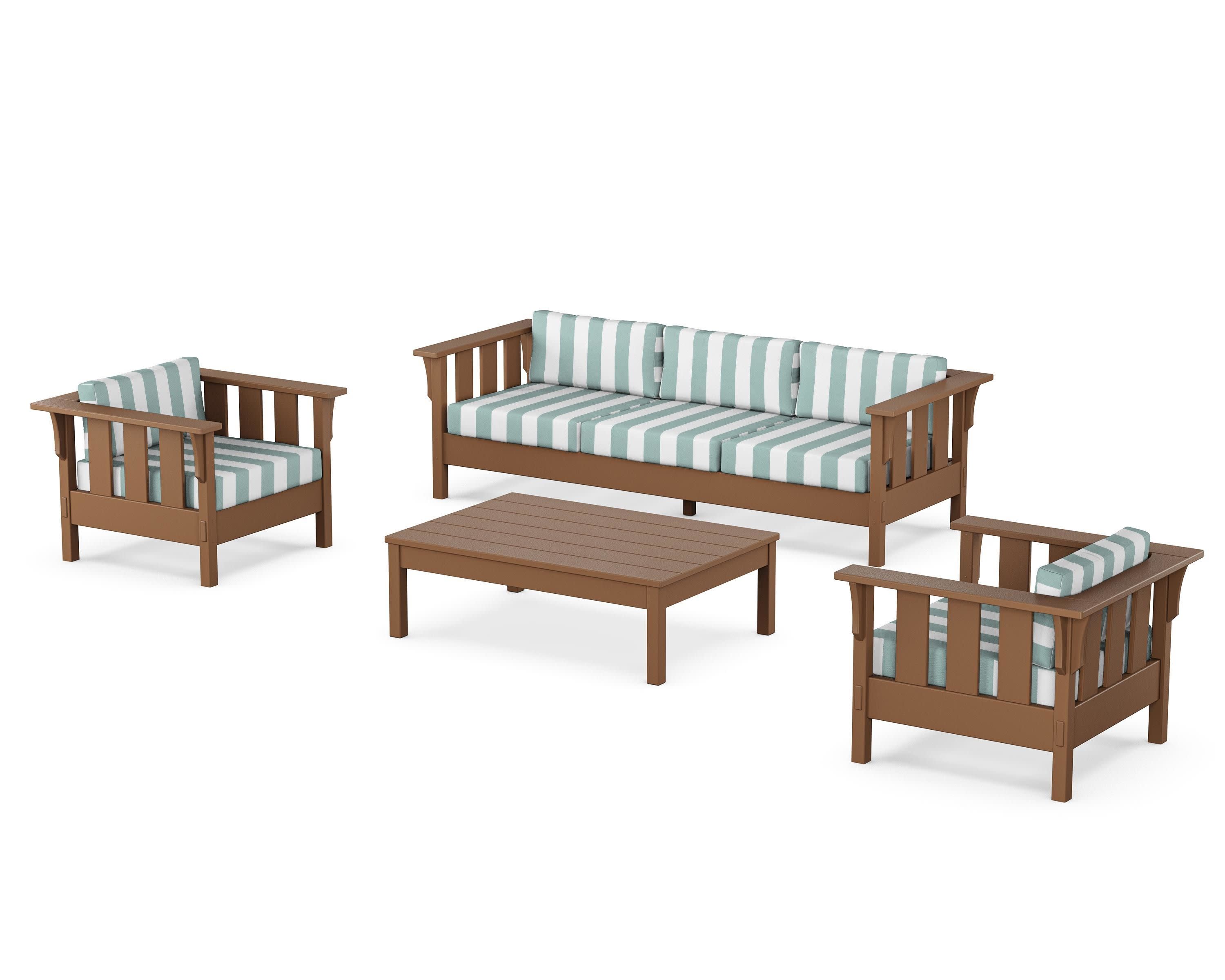 Acadia 4-Piece Deep Seating Set with Sofa in Teak / Cabana Stripe Glacier Spa