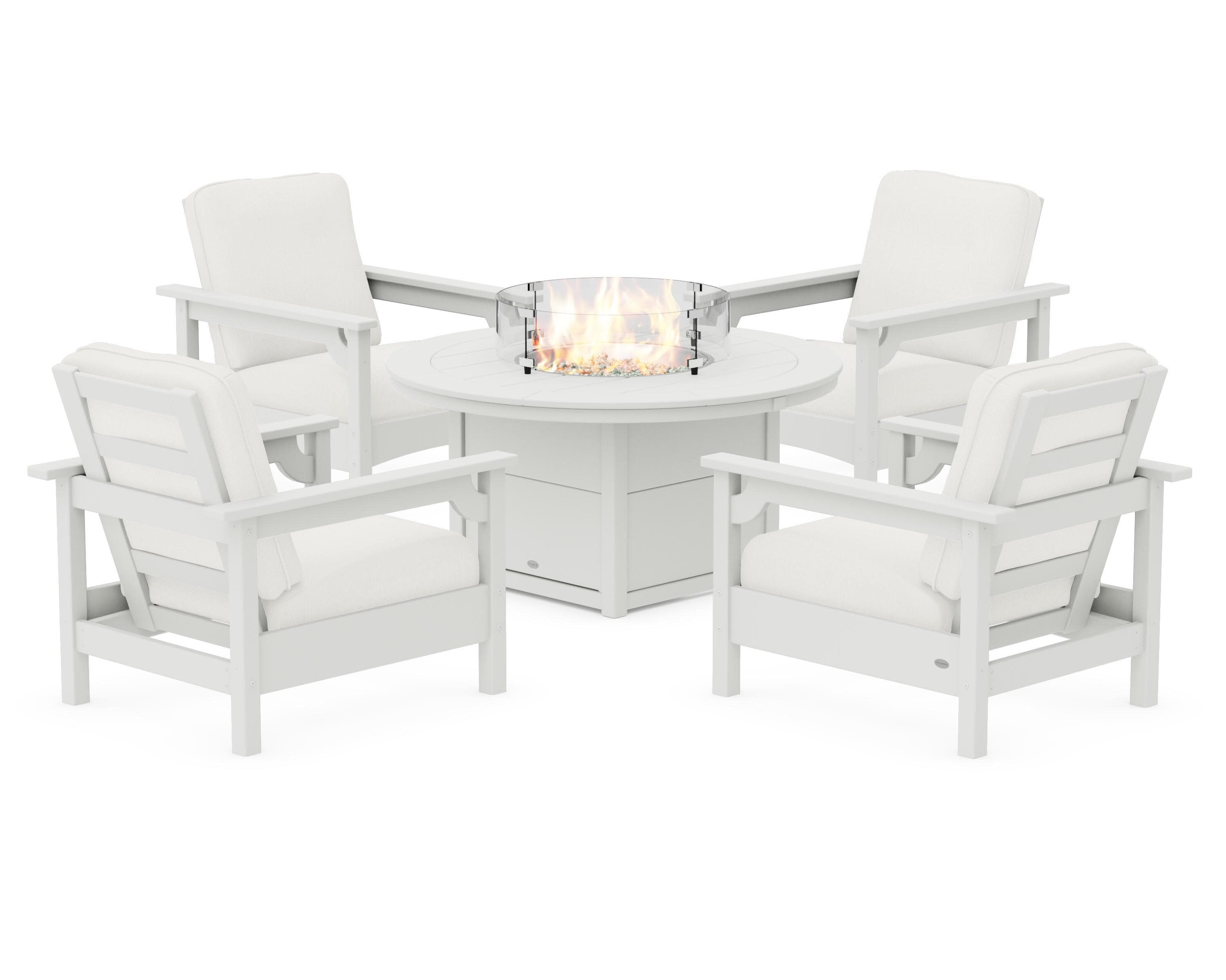 Club 5-Piece Conversation Set with Fire Pit Table in Vintage White / Natural Linen