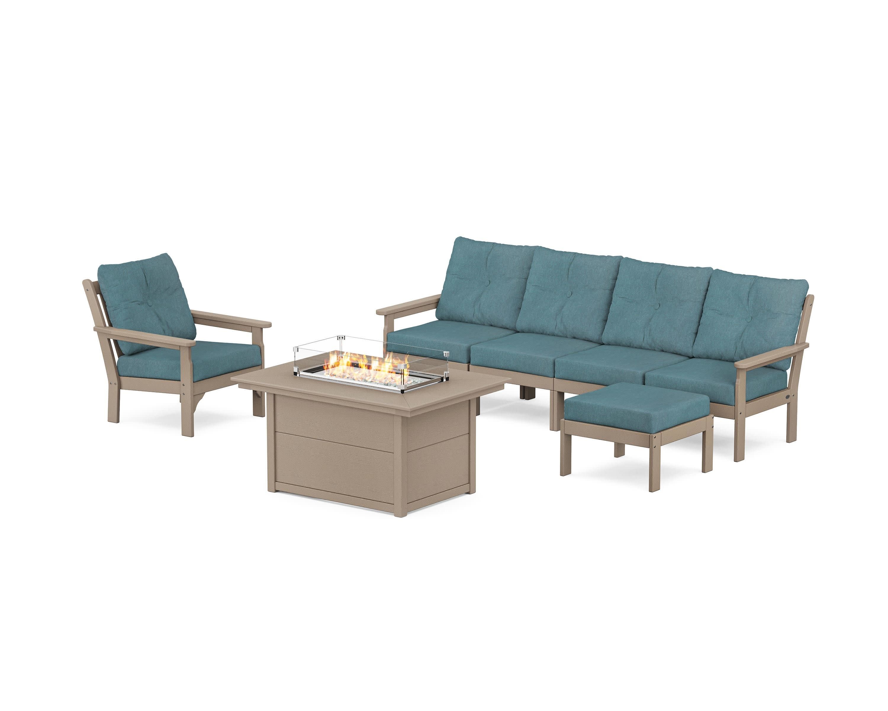 Vineyard Sectional Lounge and Fire Pit Set in Vintage Sahara / Ocean Teal