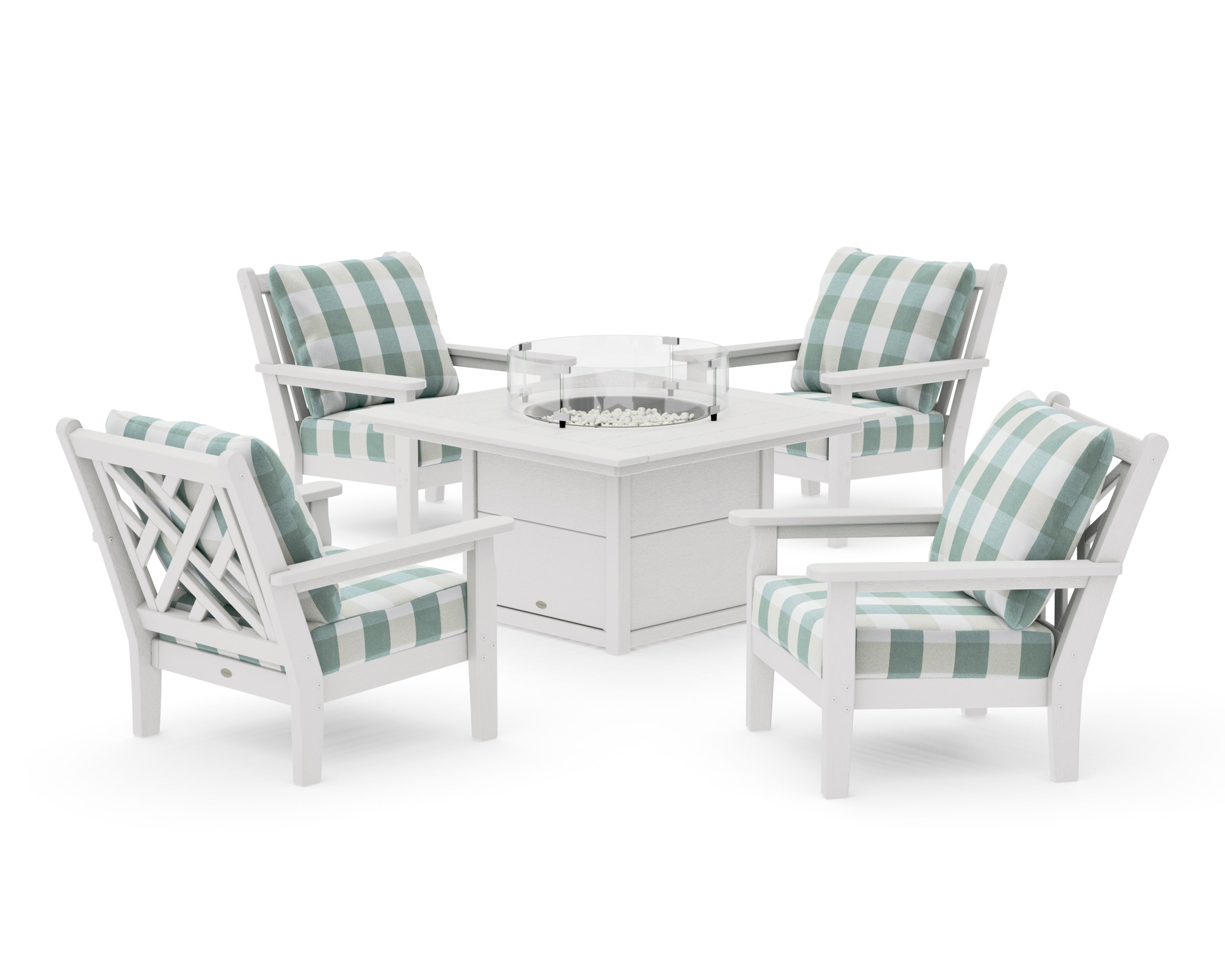 Chippendale 5-Piece Deep Seating Set with Fire Pit Table in Vintage White / Buffalo Plaid Glacier Spa