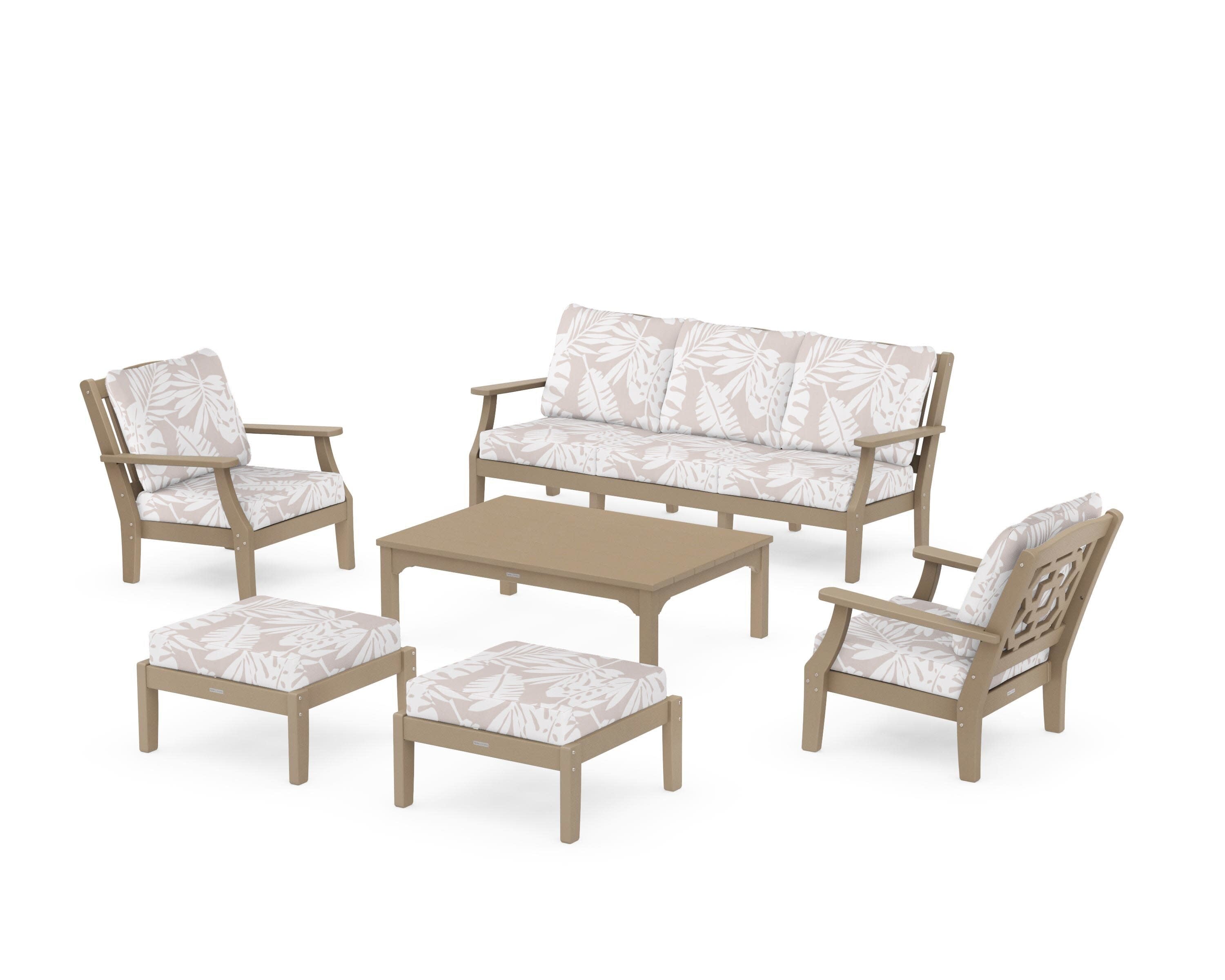 Chinoiserie 6-Piece Lounge Sofa Set in Vintage Sahara / Leaf Dune Burlap