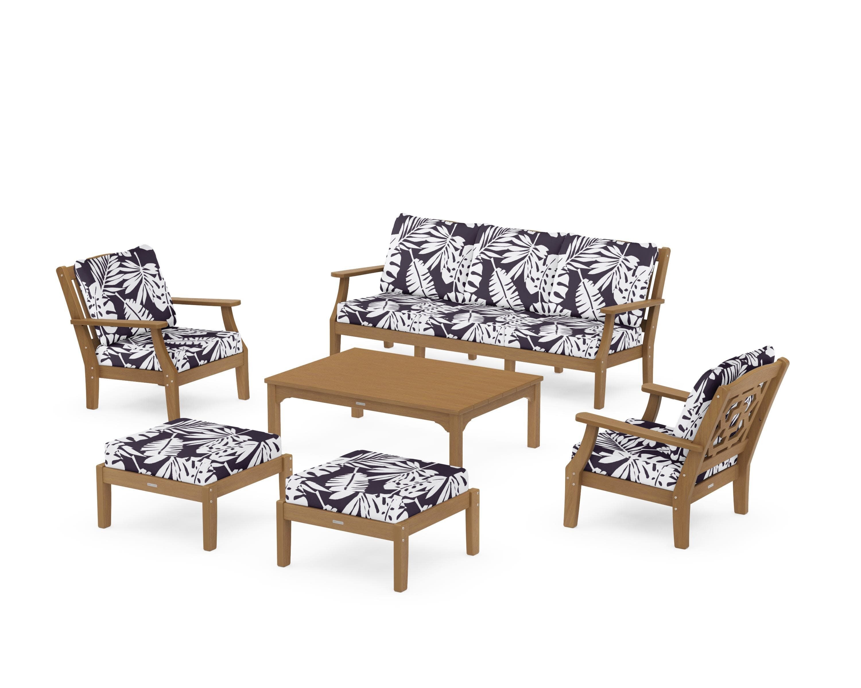 Chinoiserie 6-Piece Lounge Sofa Set in Natural / Leaf Navy