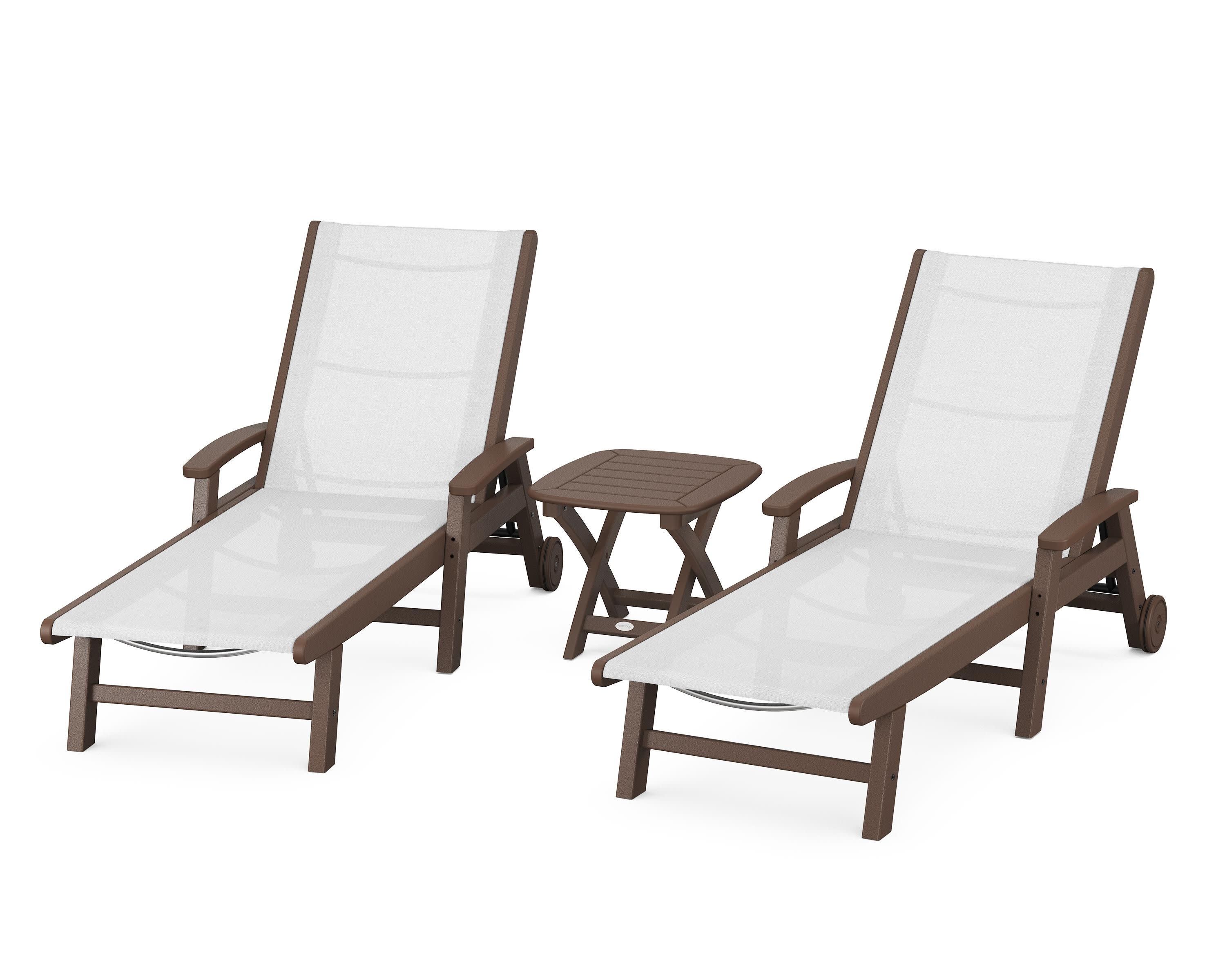 Coastal 3-Piece Wheeled Chaise Set in Mahogany / White Sling