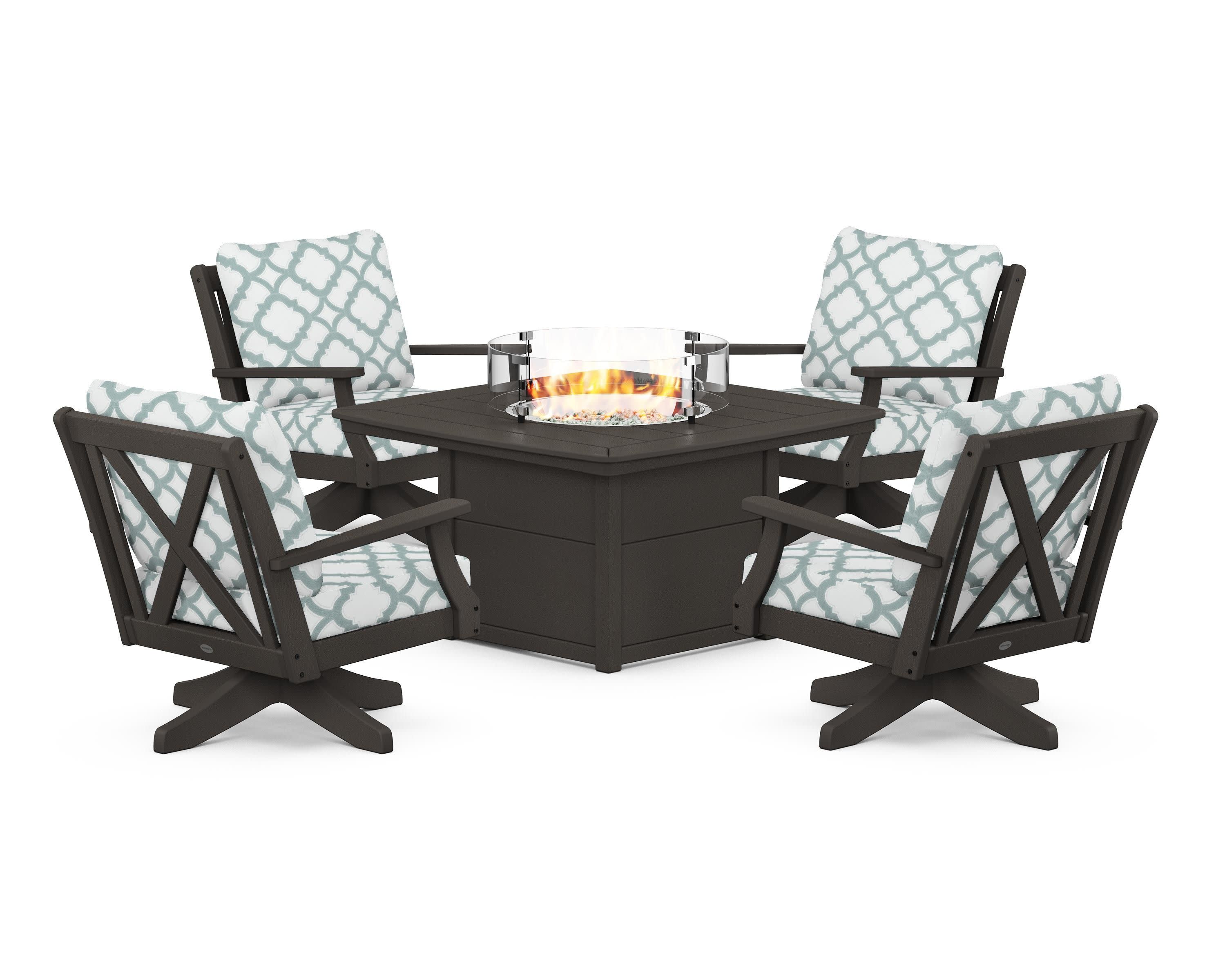 Braxton 5-Piece Deep Seating Swivel Conversation Set with Fire Pit Table in Vintage Coffee / Trellis Glacier Spa