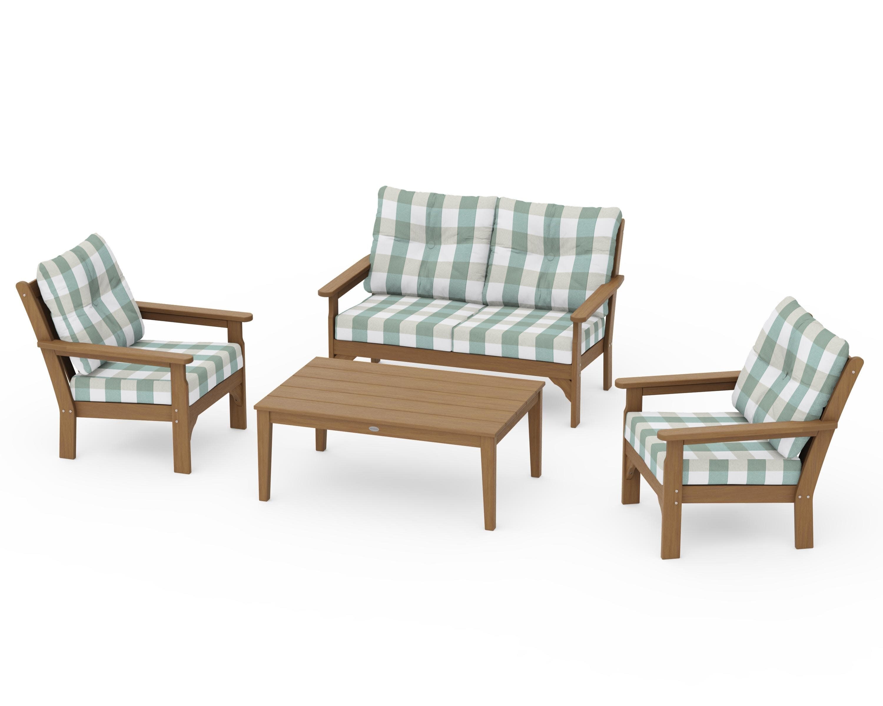 Vineyard 4-Piece Deep Seating Set in Natural / Buffalo Plaid Glacier Spa