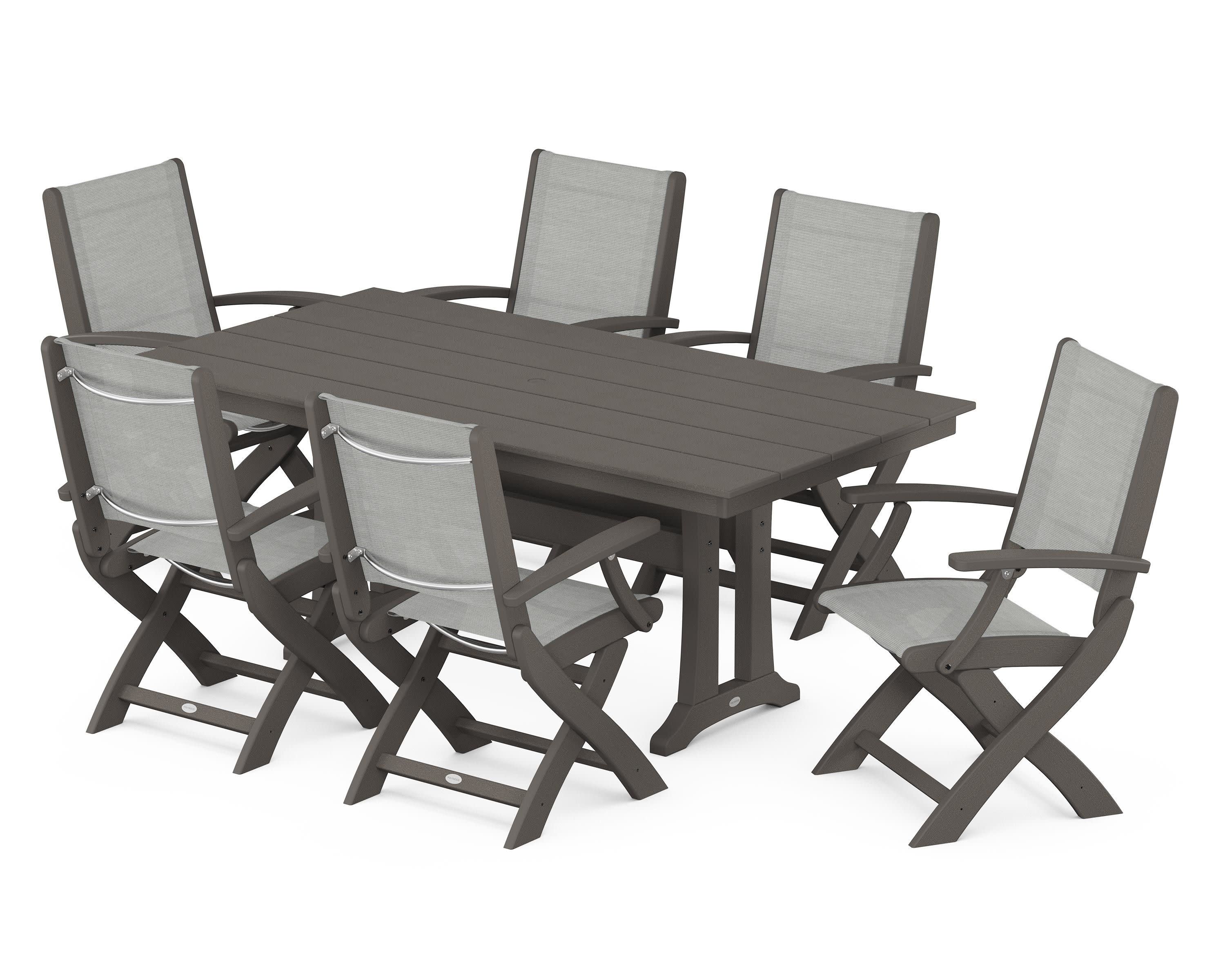Coastal Folding Arm Chair 7-Piece Farmhouse Dining Set with Trestle Legs in Vintage Coffee / Metallic Sling
