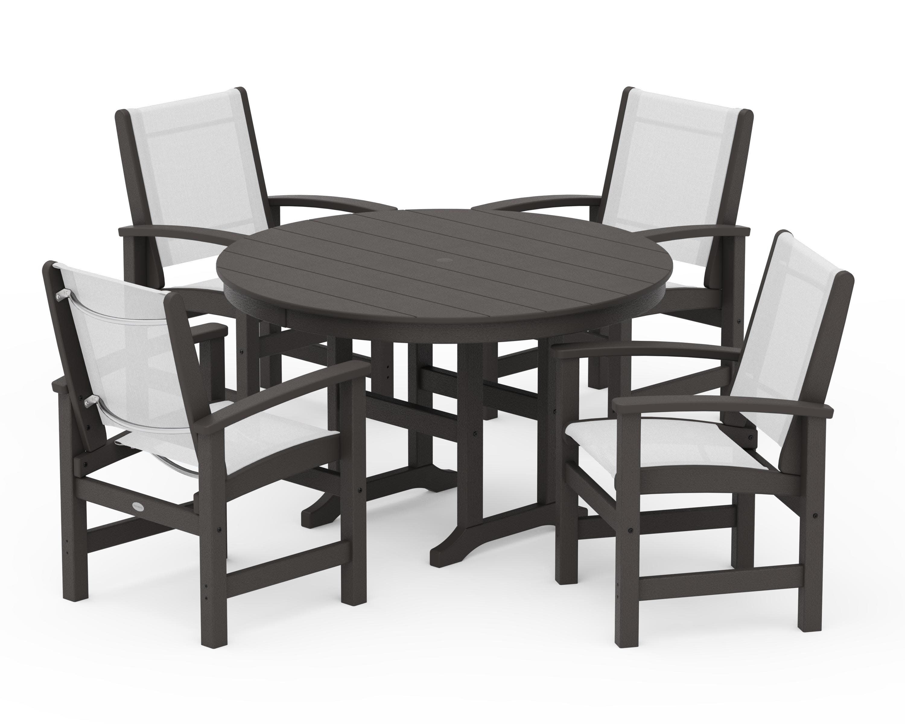 Coastal 5-Piece Round Farmhouse Dining Set in Vintage Coffee / White Sling