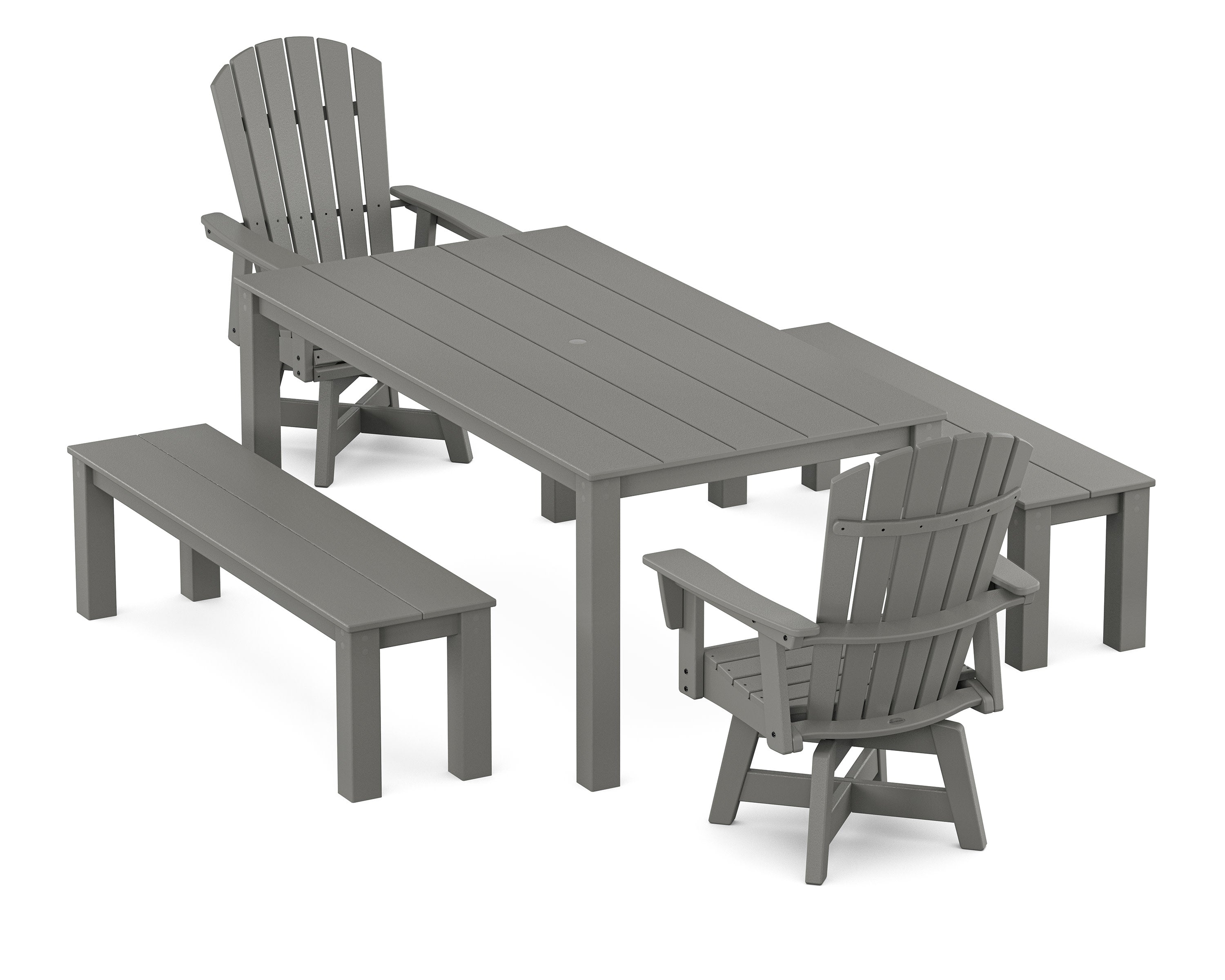 Nautical Curveback Adirondack Swivel 5-Piece Parsons Dining Set with Benches in Slate Grey