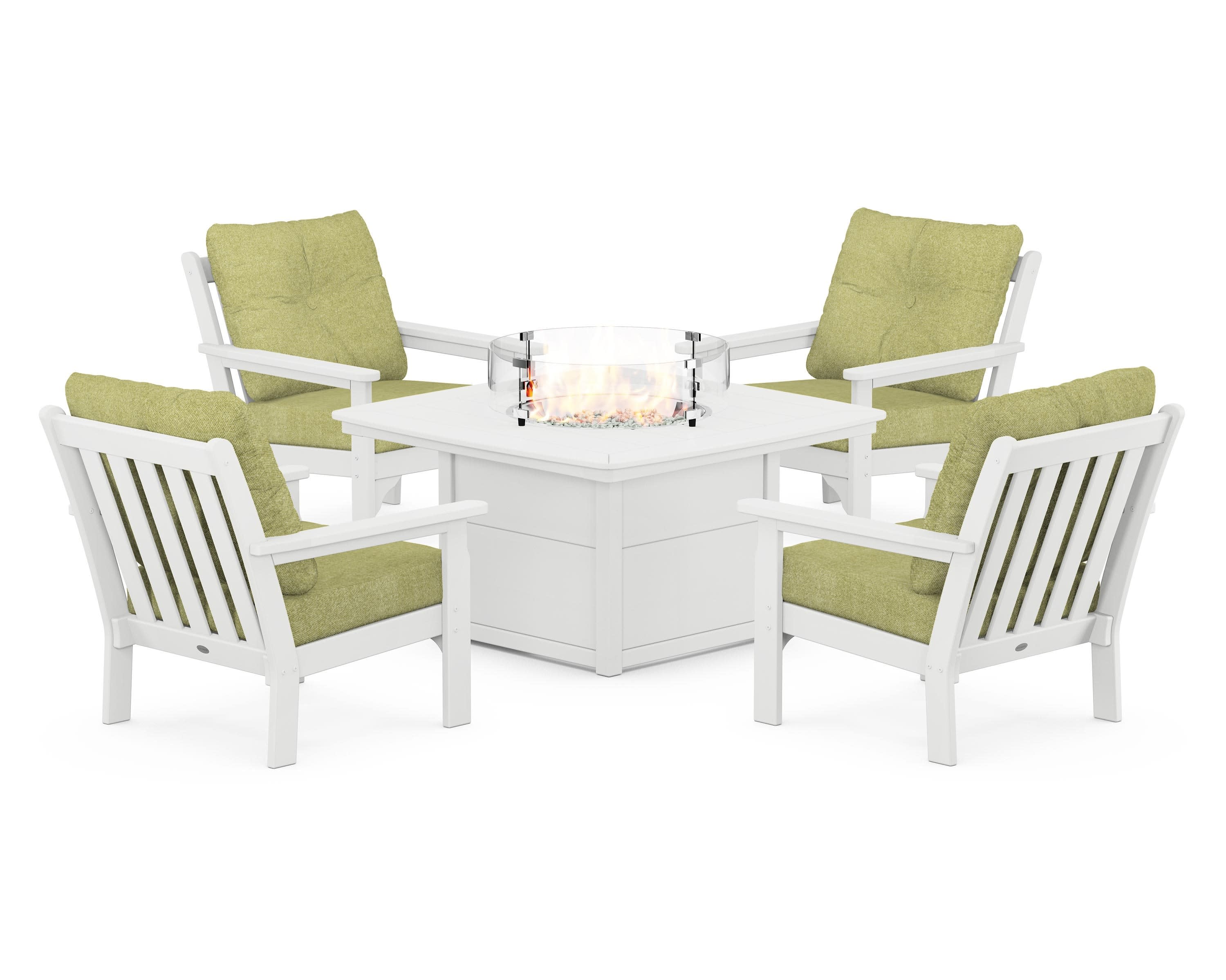 Vineyard 5-Piece Conversation Set with Fire Pit Table in White / Chartreuse Boucle