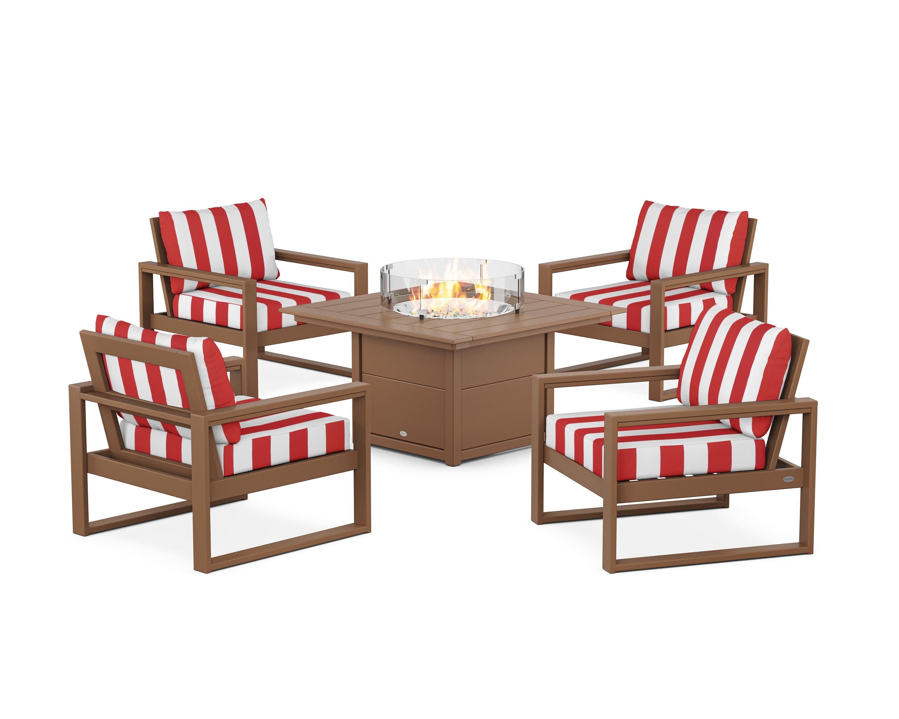 EDGE Sectional 5-Piece Deep Seating Set with Fire Pit Table in Teak / Cabana Stripe Crimson