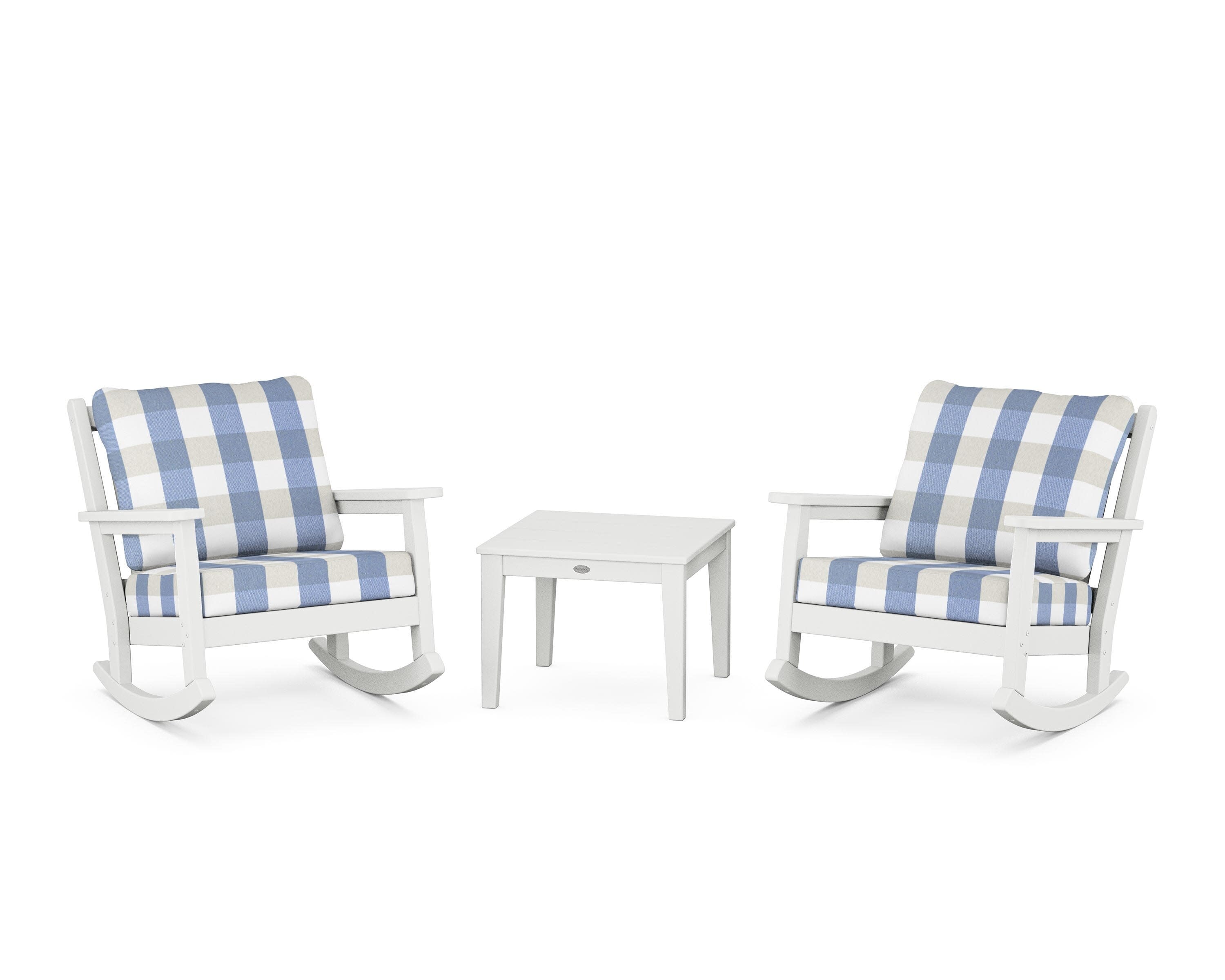 Chippendale 3-Piece Deep Seating Rocker Set in White / Buffalo Plaid Sky Blue