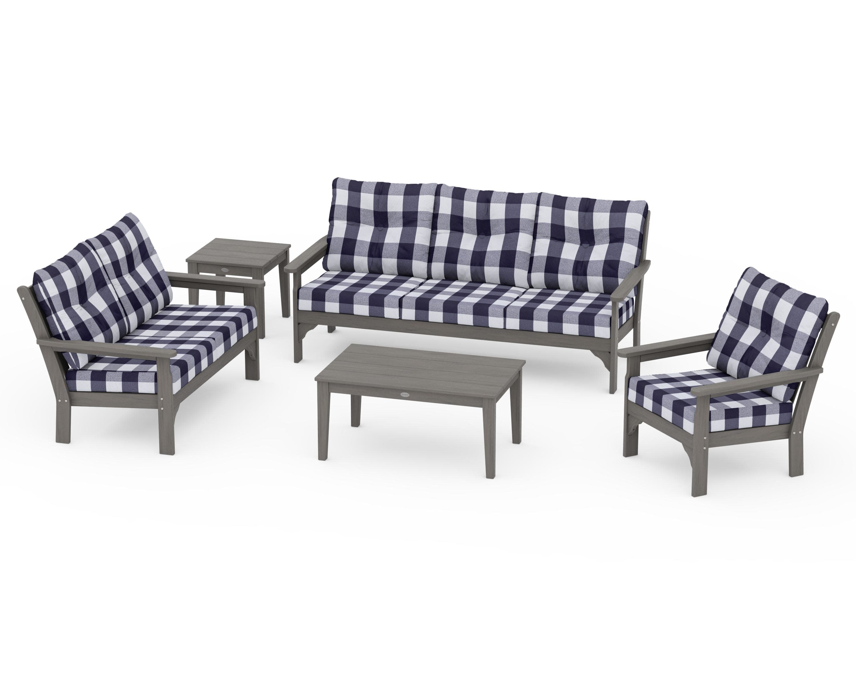 Vineyard 5 Piece Deep Seating Set in Driftwood / Buffalo Plaid Navy