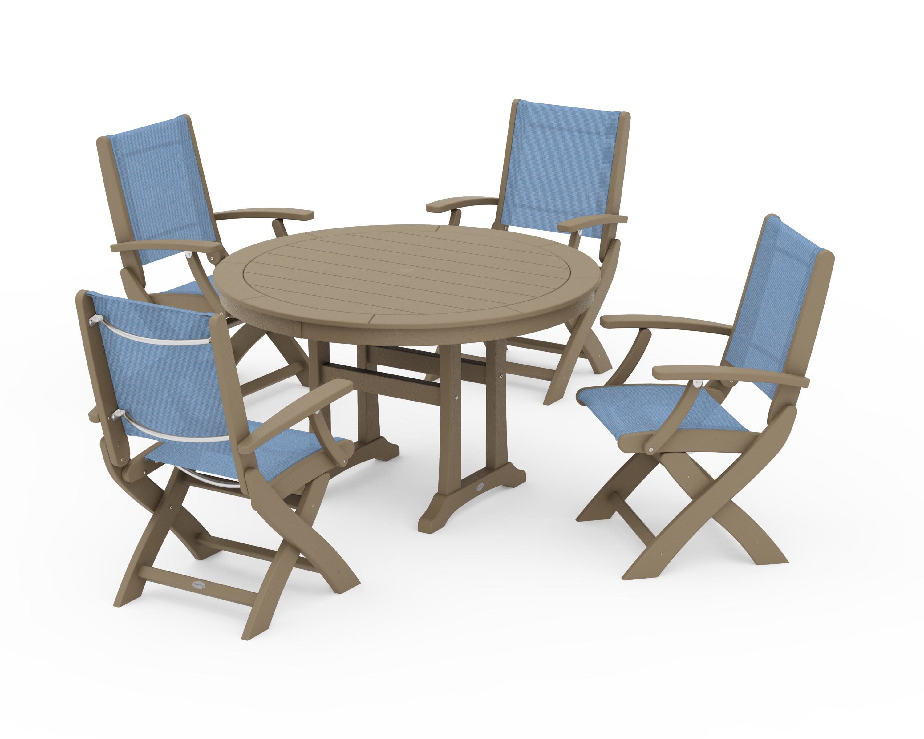 Coastal Folding Chair 5-Piece Round Dining Set with Trestle Legs in Vintage Sahara / Poolside Sling