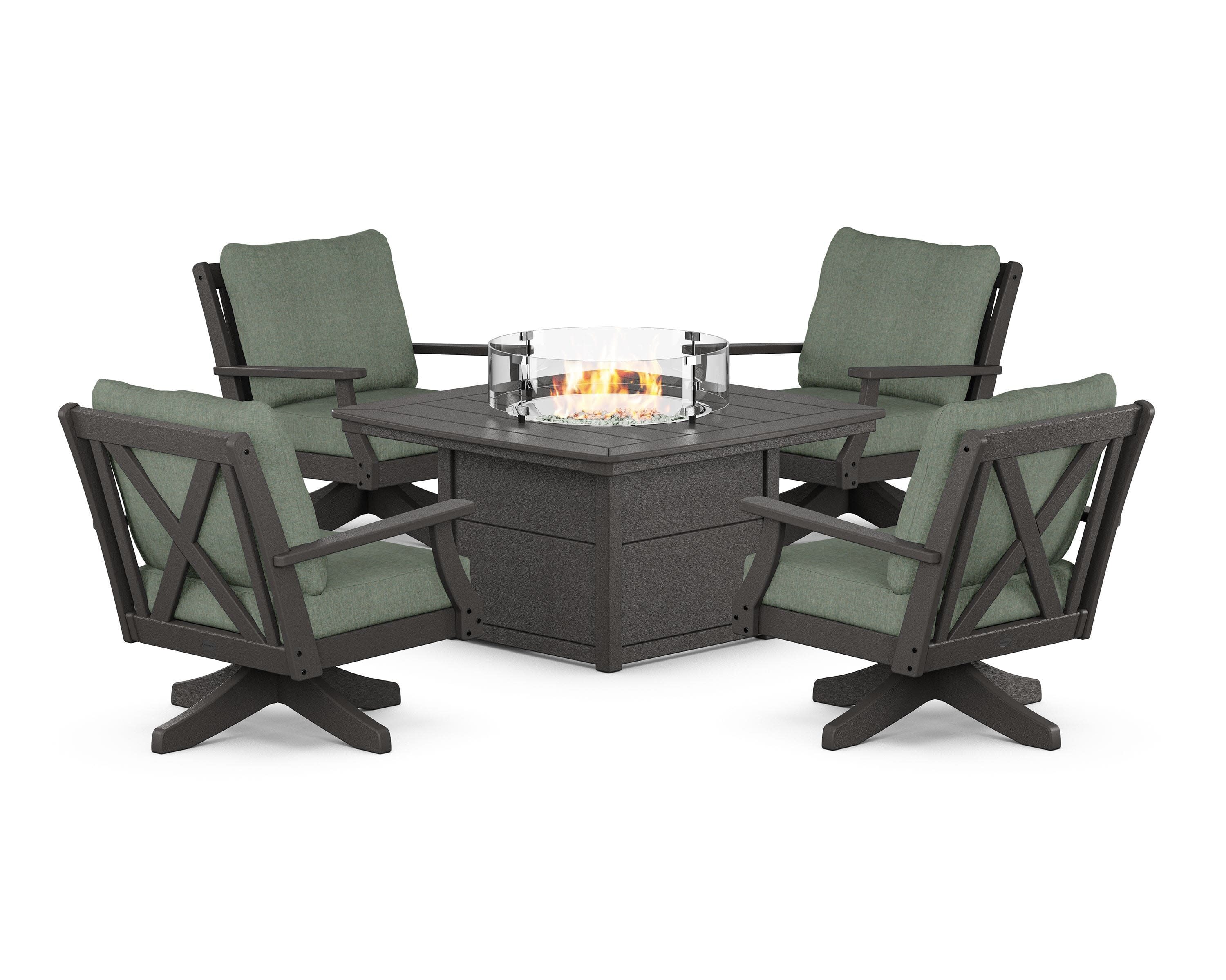 Braxton 5-Piece Deep Seating Swivel Conversation Set with Fire Pit Table in Vintage Coffee / Cast Sage