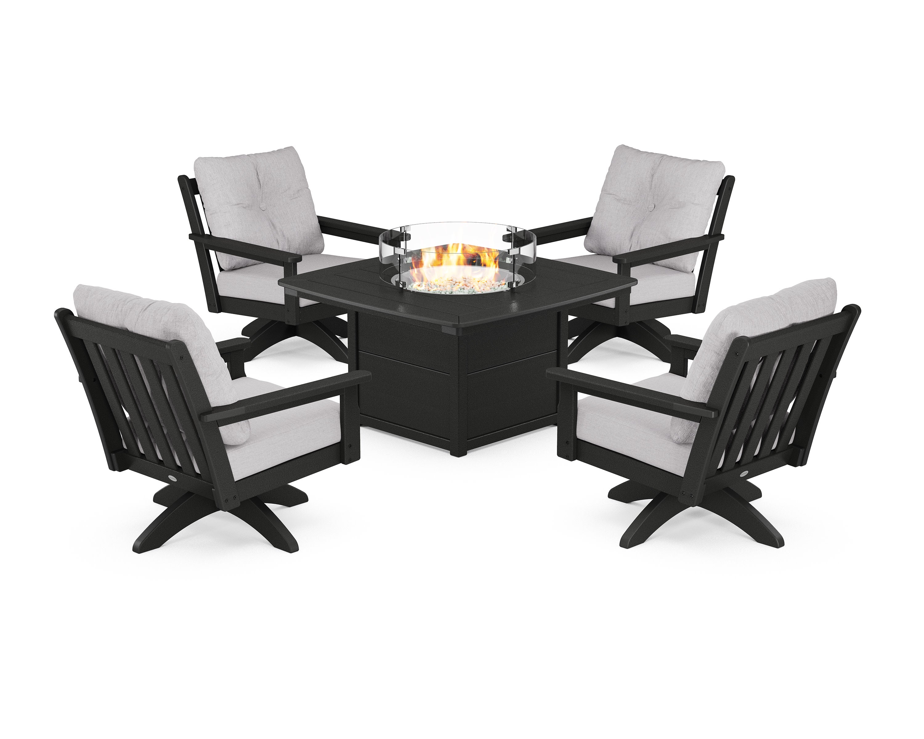 Vineyard 5-Piece Deep Seating Swivel Conversation Set with Fire Pit Table in Black / Granite