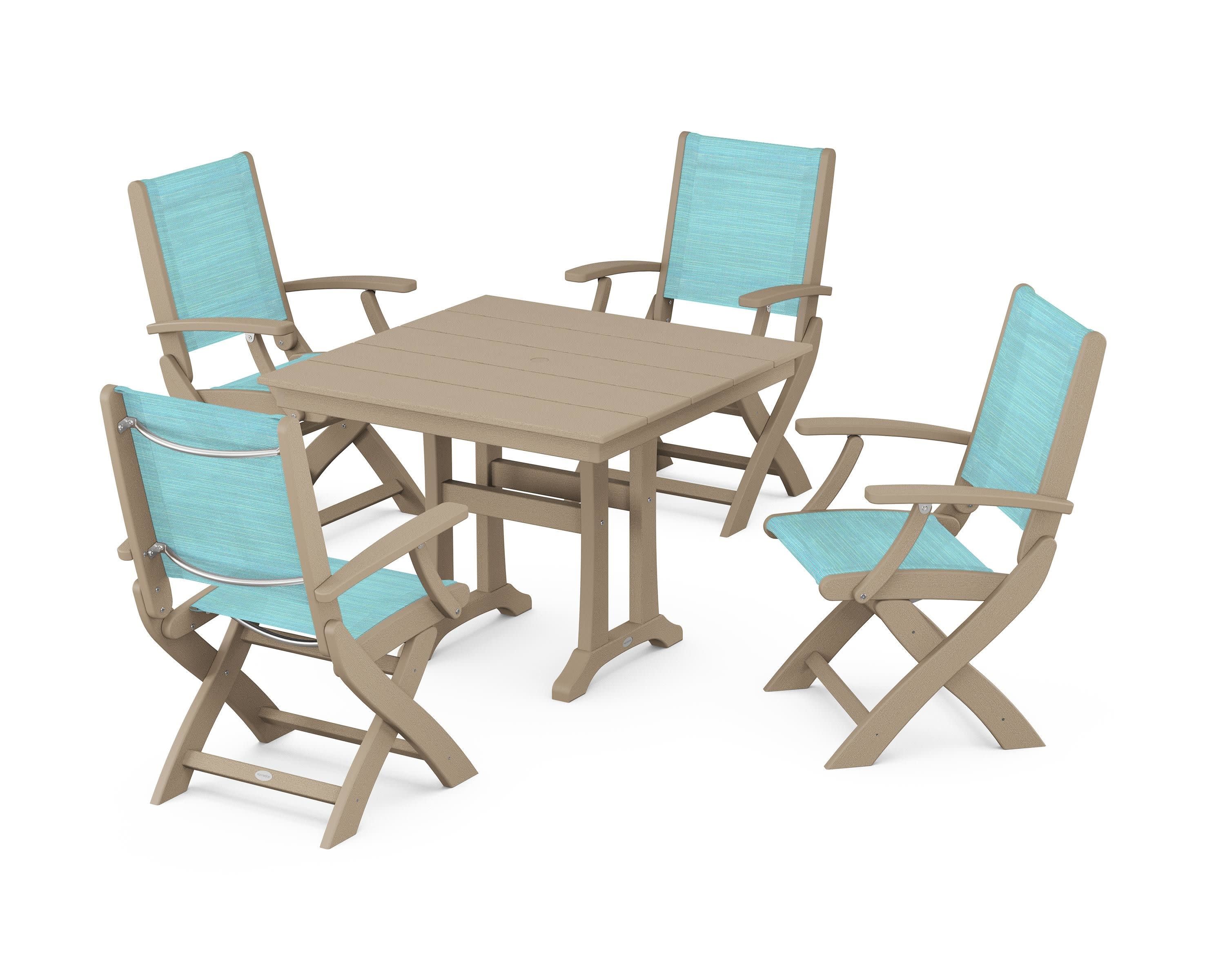 Coastal Folding Chair 5-Piece Farmhouse Dining Set With Trestle Legs in Vintage Sahara / Dupioni Aquamarine Sling