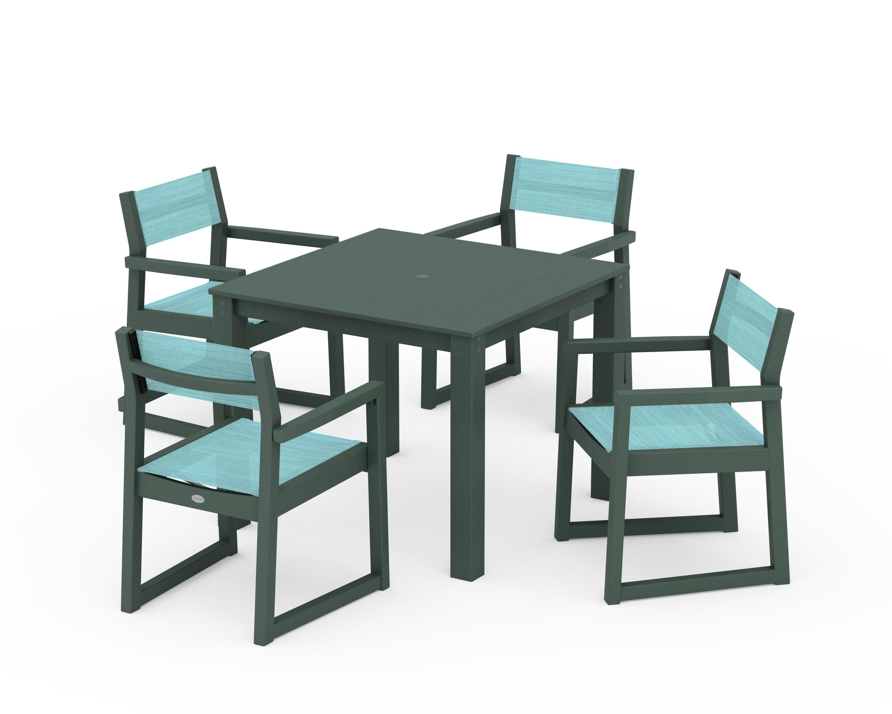 EDGE Sling Arm Chair 5-Piece Parsons Dining Set in Green / Dupioni Aquamarine Sling