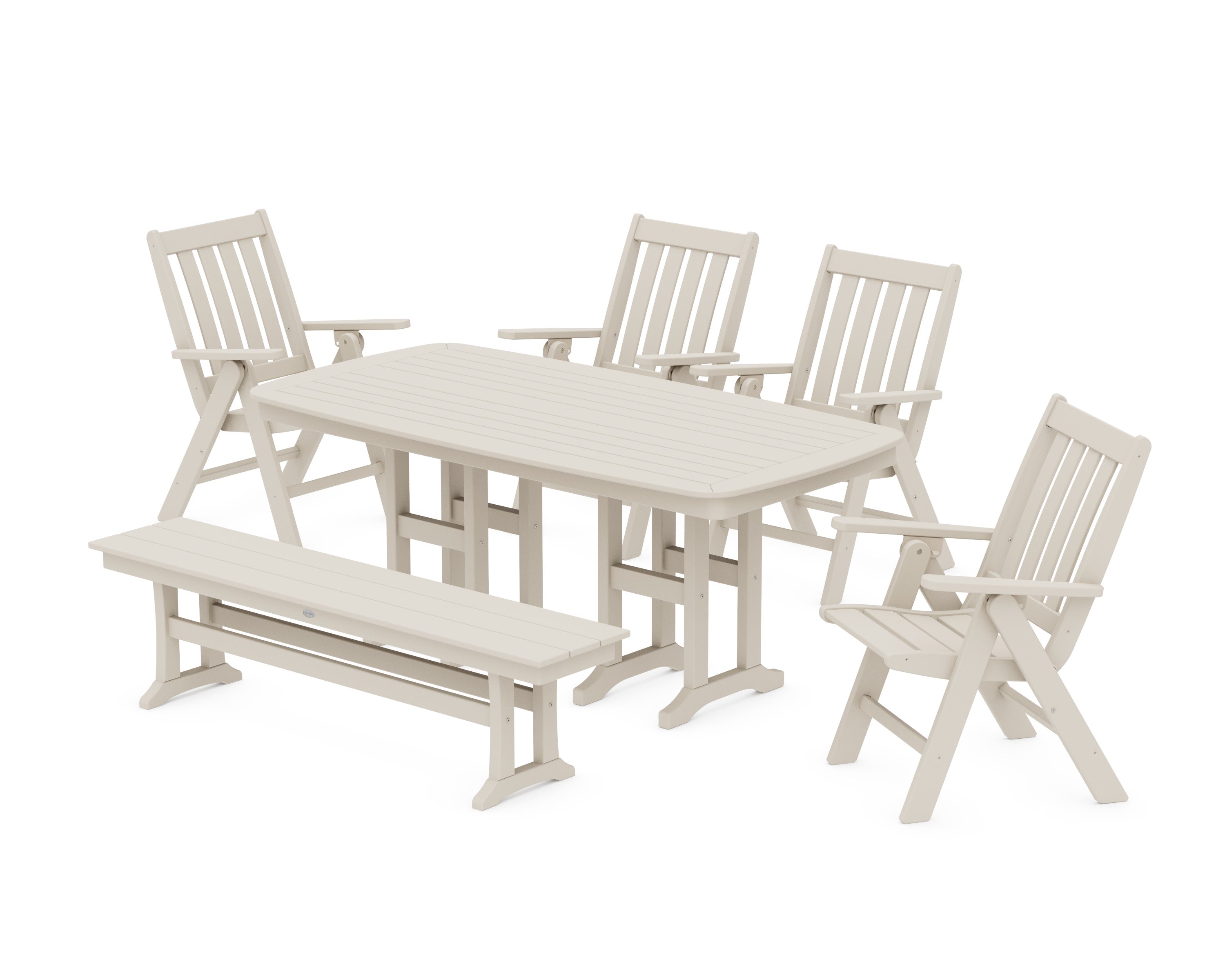 Vineyard Folding Chair 6-Piece Dining Set with Bench in Sand