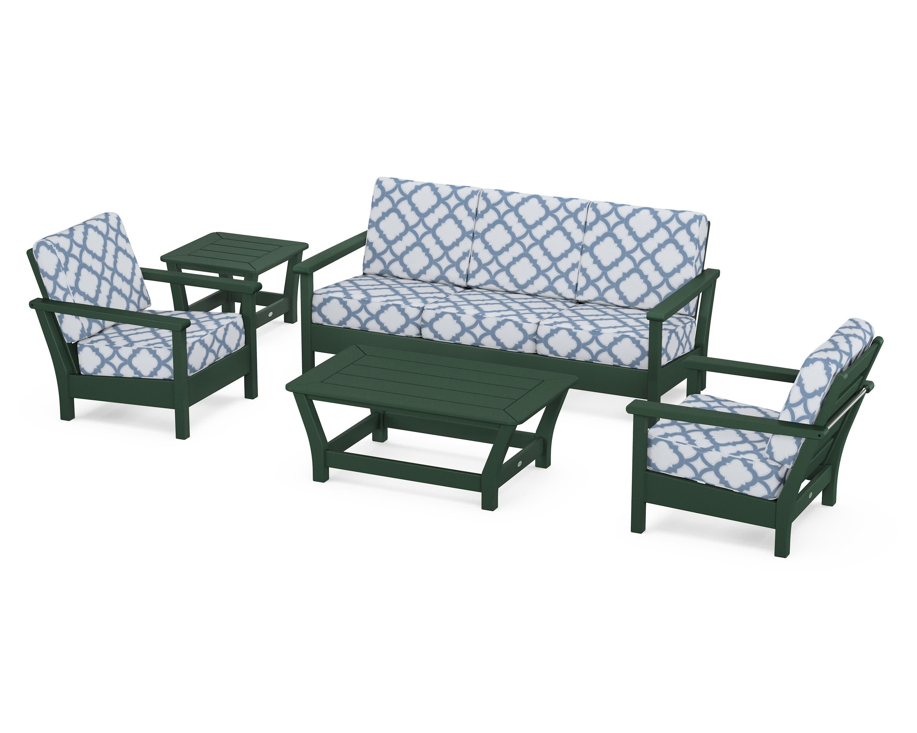 Harbour 5-Piece Deep Seating Set in Green / Trellis Sky Blue
