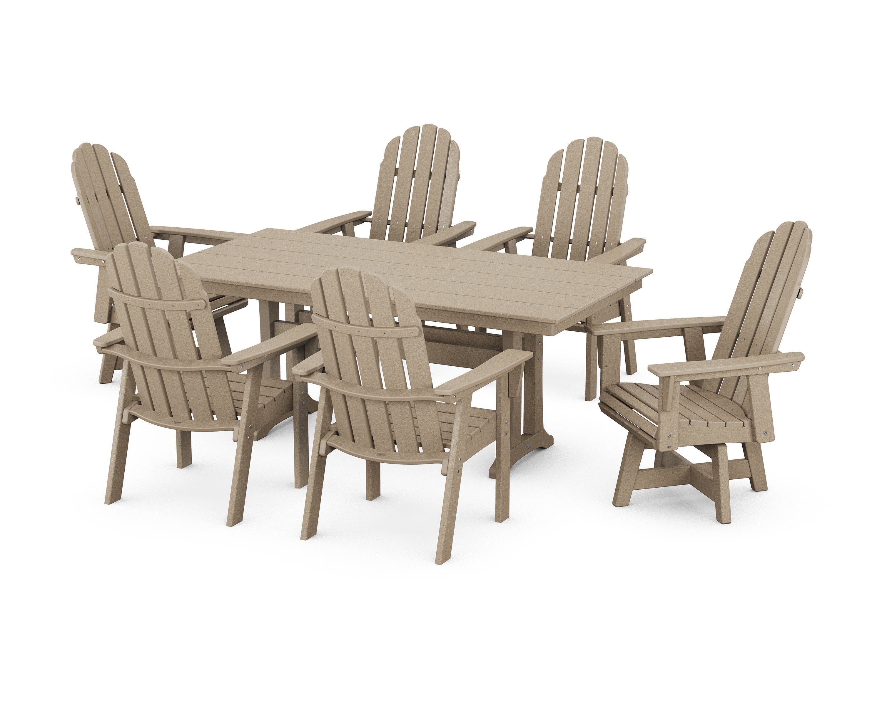 Vineyard Curveback Adirondack Swivel Chair 7-Piece Farmhouse Dining Set with Trestle Legs in Vintage Sahara